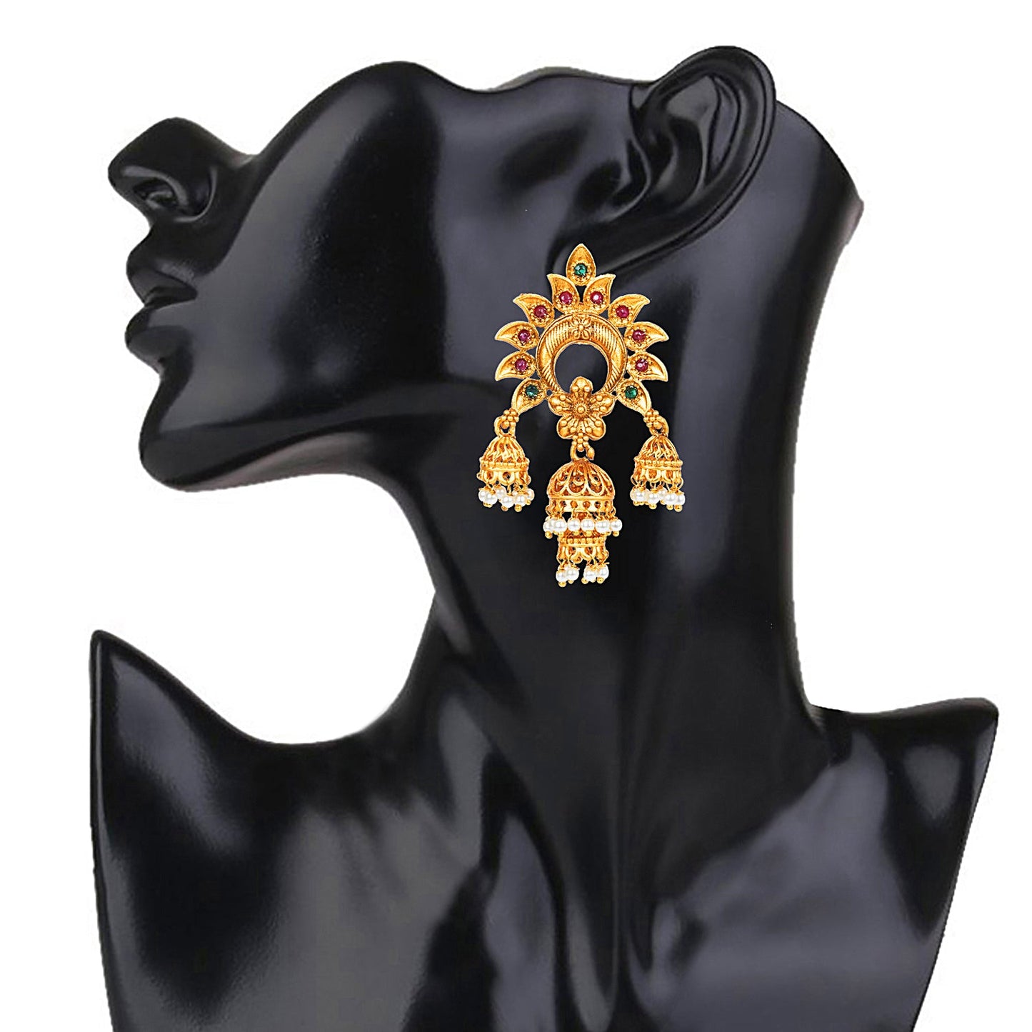 Handcrafted 18K Antique Gold Plated Kundan Polki Temple Jewellery Chandbali Jhumka Earring For Women (SJ_1784)