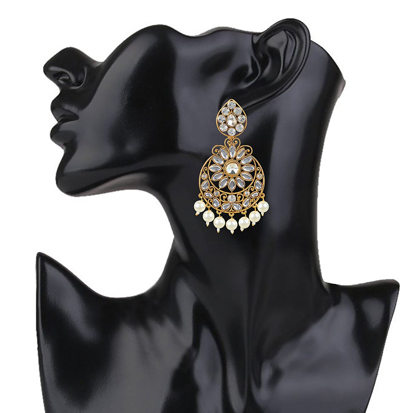 24K Gold Plated Traditional Designer Ethnic Chandbali With CZ, LCT Crystals,Kundan, Polki & Pearls Earrings for Women (SJ_1796_W)
