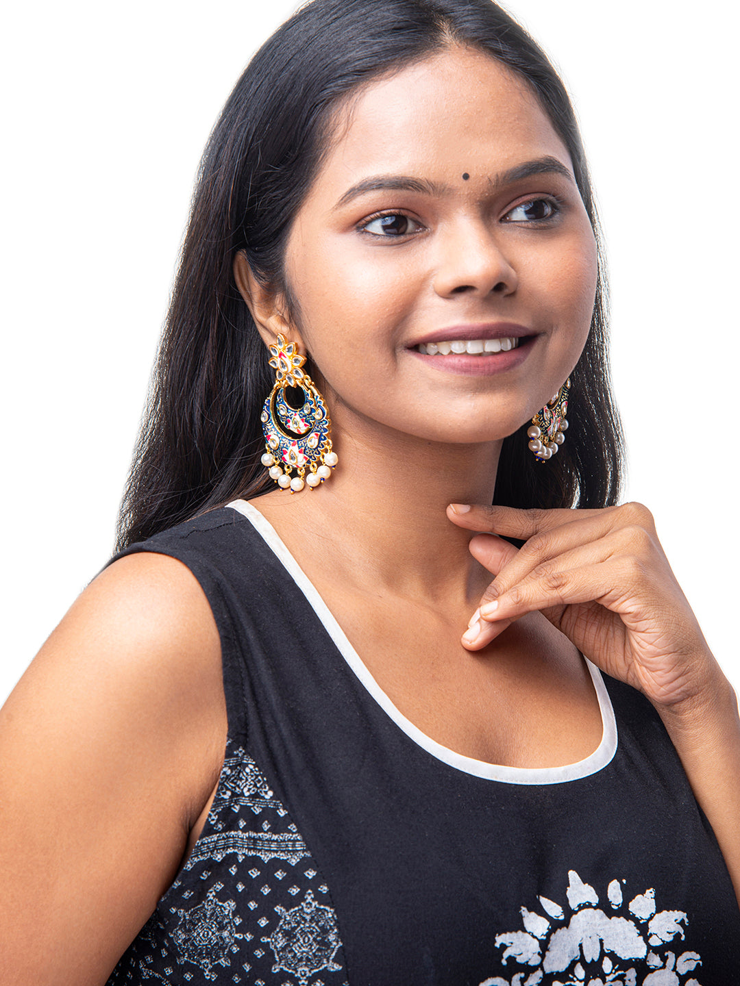 Shining Jewel Handcrafted Gold Plated Designer Traditional Ethnic Meenakari Kundan Chandbali Earrings Women (SJ_1872_BL)