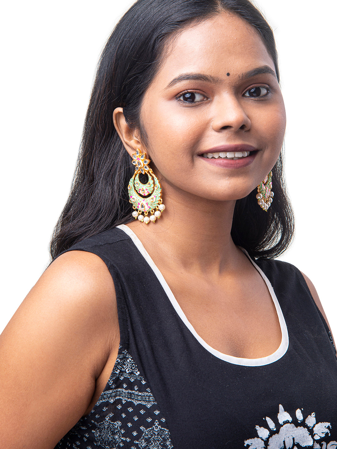 Shining Jewel Handcrafted Gold Plated Designer Traditional Ethnic Meenakari Kundan Chandbali Earrings Women (SJ_1872_G)