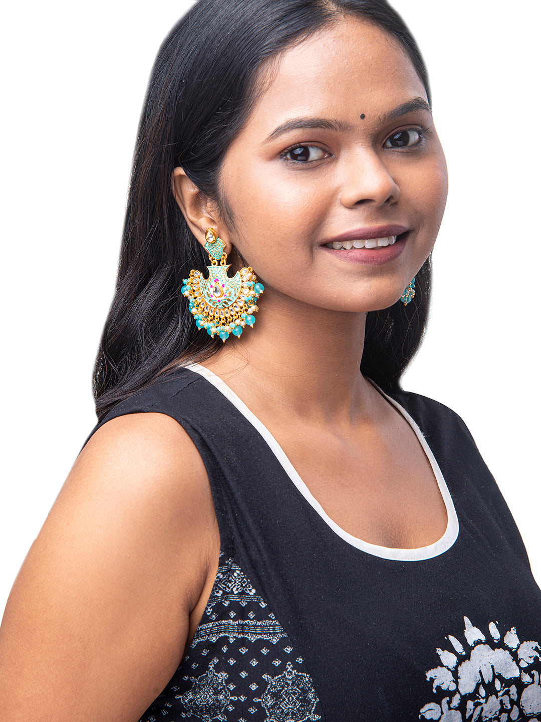 Shining Jewel Handcrafted Gold Plated Designer Traditional Ethnic Meenakari Kundan Chandbali Earrings Women (SJ_1874_BL)