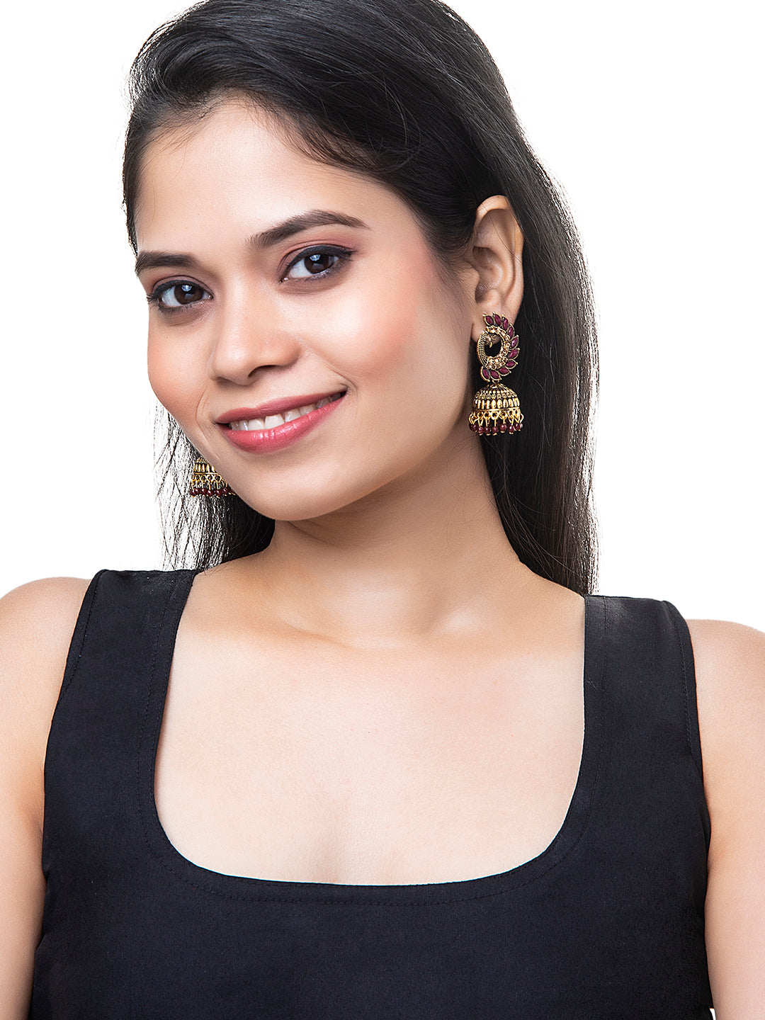 Shining Jewel Gold Plated Antique Traditional Peacock Jhumka With CZ, LCT Crystals,Kundan & Pearls Earrings for Women (SJ_1891_M)