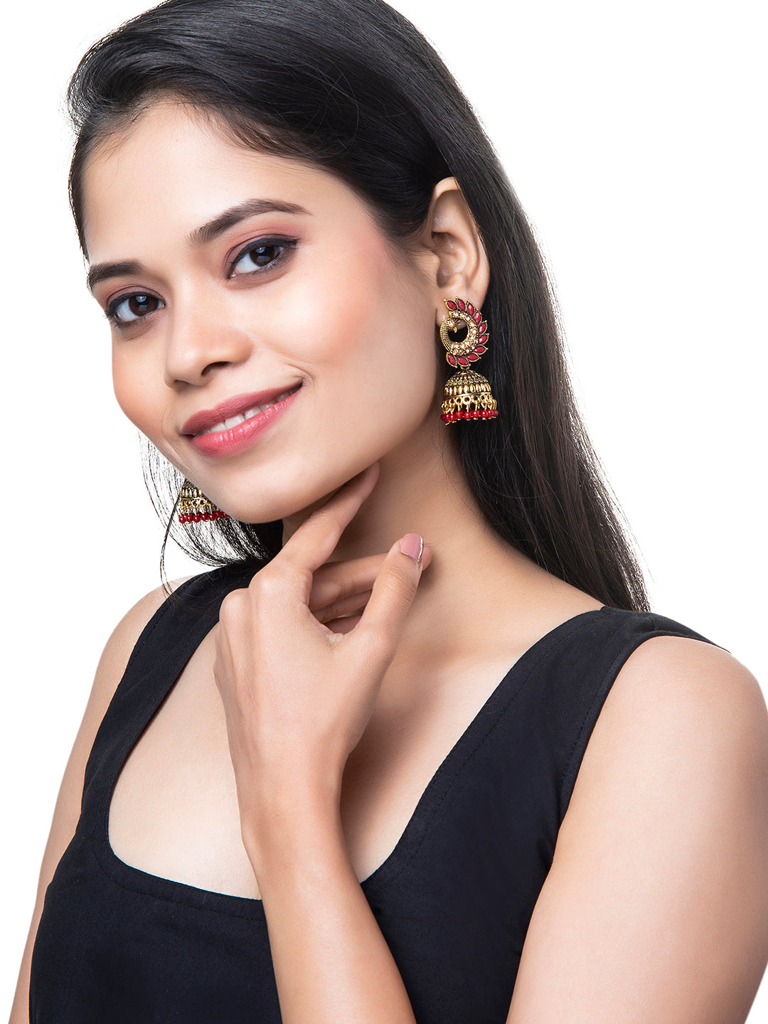 Shining Jewel Gold Plated Antique Traditional Peacock Jhumka With CZ, LCT Crystals,Kundan & Pearls Earrings for Women (SJ_1891_R)