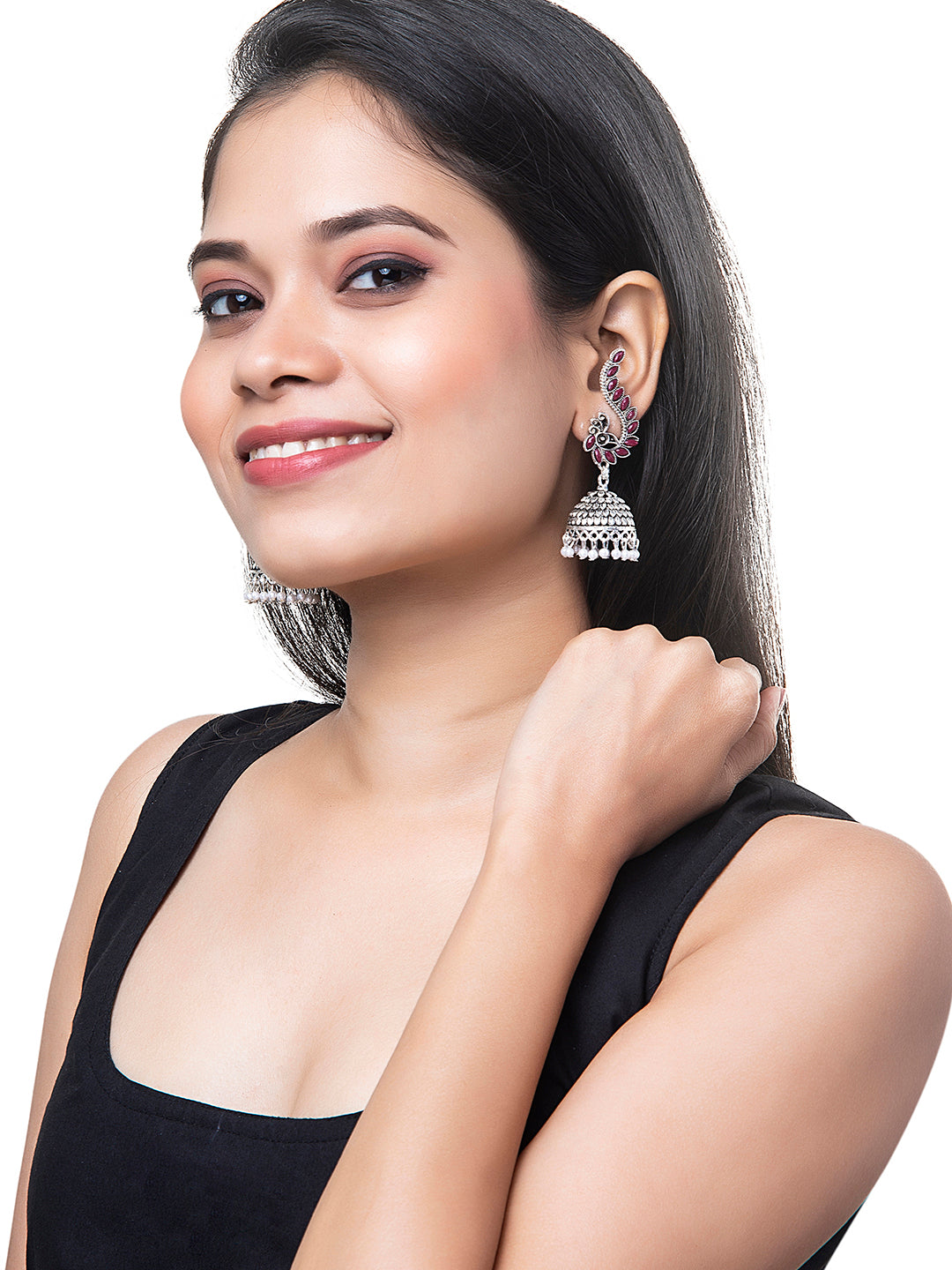 Shining Jewel Silver Plated Antique Oxidised Traditional Peacock Jhumka With Pearls Earrings for Women (SJ_1892_M)