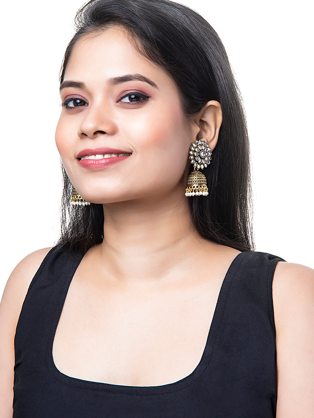 Shining Jewel Gold Plated Antique Traditional Ethnic Jhumka With CZ & Pearls Earrings for Women (SJ_1893_W)