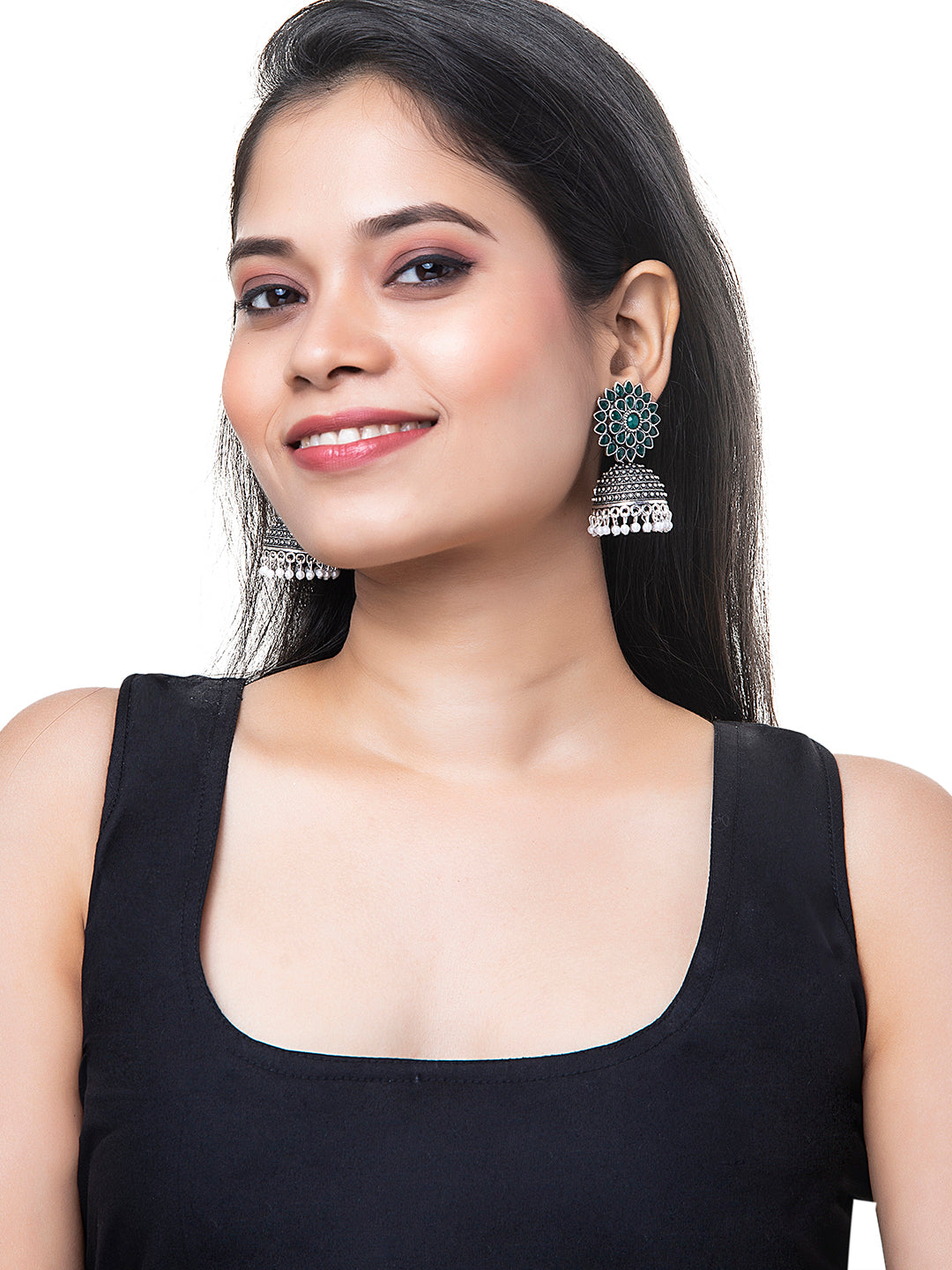 Shining Jewel Silver Plated Antique Oxidised Traditional Ethnic Jhumka With CZ & Pearls Earrings for Women (SJ_1894_G)