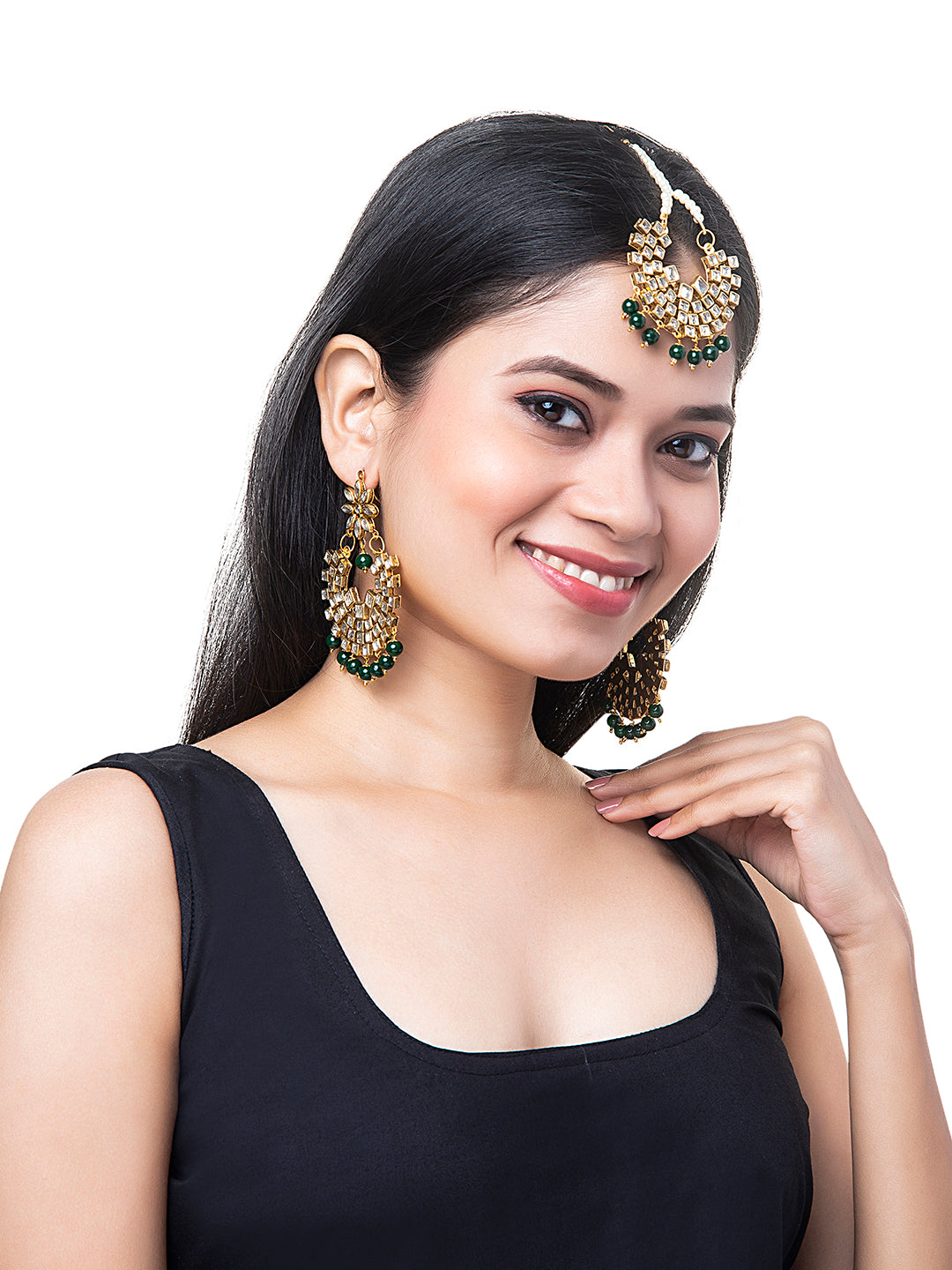 Shining Jewel Gold Plated Traditional Kundan Chandbali Earring and Maang Tikka Combo Set for Women (SJ_1896_G)