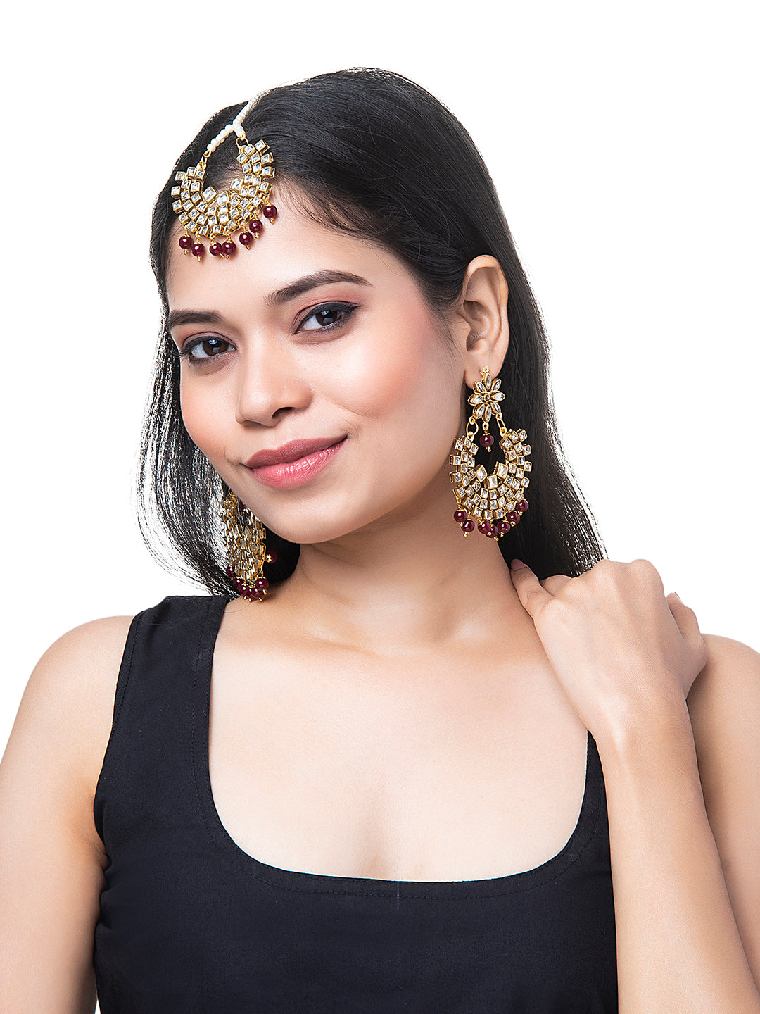 Shining Jewel Gold Plated Traditional Kundan Chandbali Earring and Maang Tikka Combo Set for Women (SJ_1896_M)