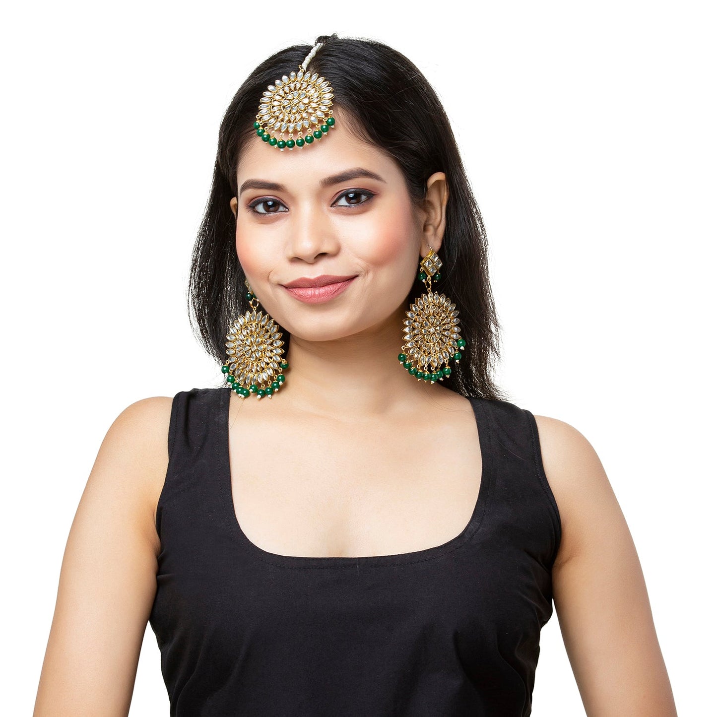 Antique Gold Plated Traditional Kundan "Maang tikka"Set with Matching Earrings Ethnic Fashion Jewelry for Women (SJ_1899 G)