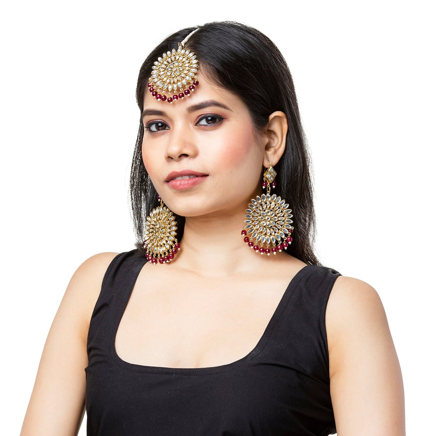 Antique Gold Plated Traditional Kundan "Maang tikka" Set with Matching Earrings Ethnic Fashion Jewelry for Women (SJ_1899 M)