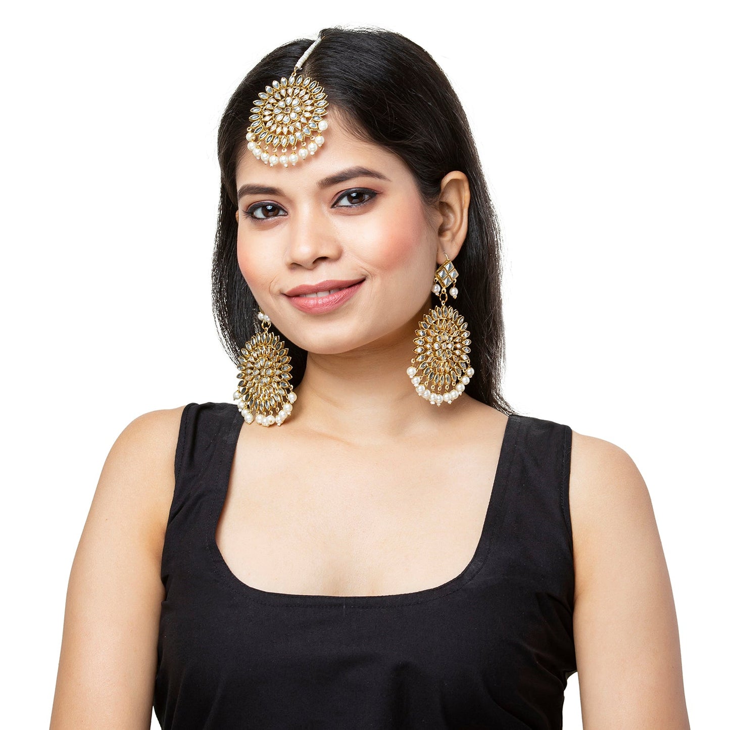 Antique Gold Plated Traditional Kundan "Maang tikka" Set with Matching Earrings Ethnic Fashion Jewelry for Women (SJ_1899 G)