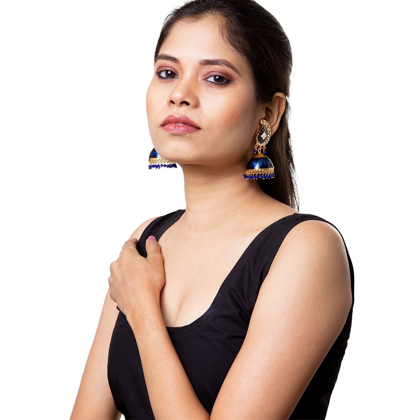 Shining Jewel Handcrafted Gold Plated Dark BlueTraditional Ethnic Meenakari Kundan Jhumka Earrings Women (SJ_1903_DB)
