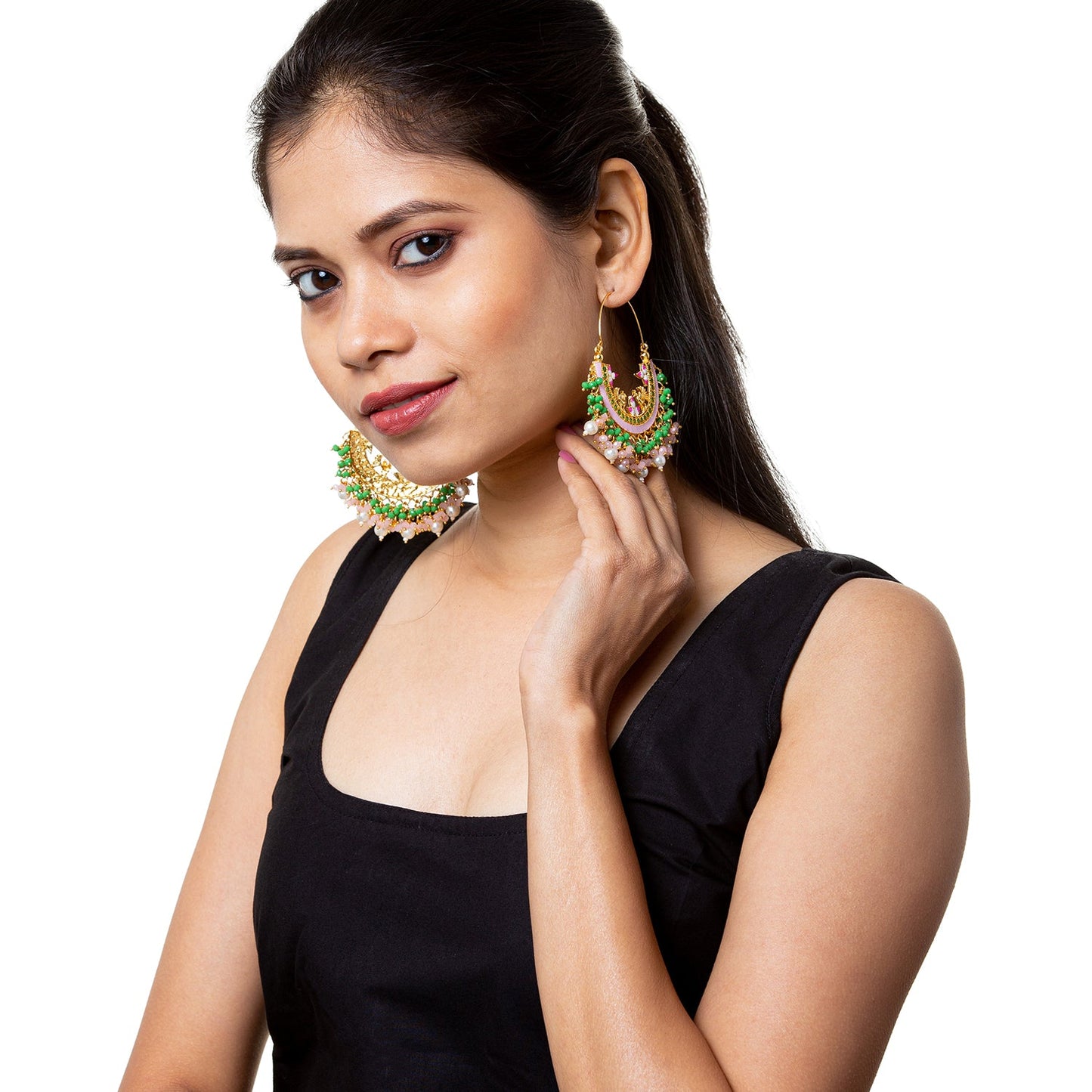 Shining Jewel Handcrafted Gold Plated Traditional Ethnic Meenakari Kundan Chandbali Earrings Women (SJ_1904_PG)