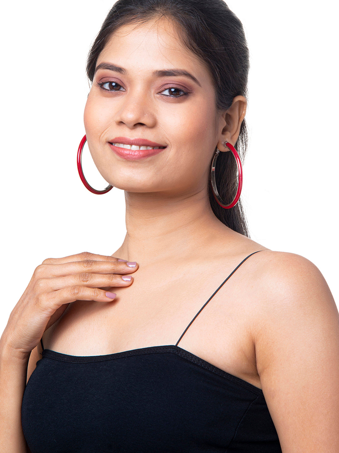 Red Colour Metal, Pearl, CZ Studded Silver Antique Plated Hoop Earrings Bali for Women SJ_1912_L