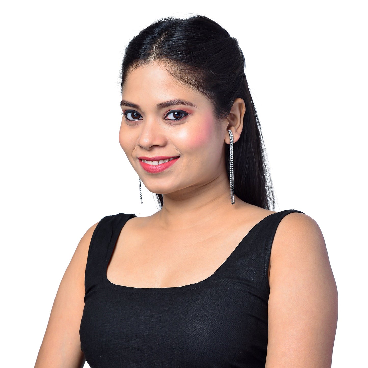 Shining Jewel Crystal and AD Black Silver Plated Fancy Two Layer Western Style Cocktail Chandelier Shoulder Duster Long earrings for women (SJ_1946_BK)