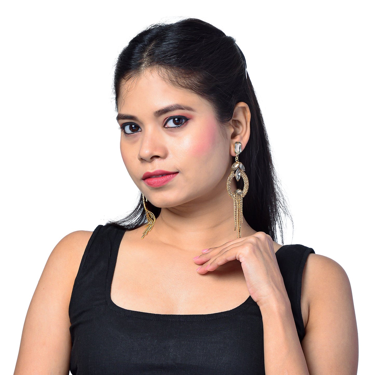 Shining Jewel Crystal and AD Gold Plated LCT Fancy Western Style Chandelier Long Two Layers earrings for women (SJ_1955_LCT)