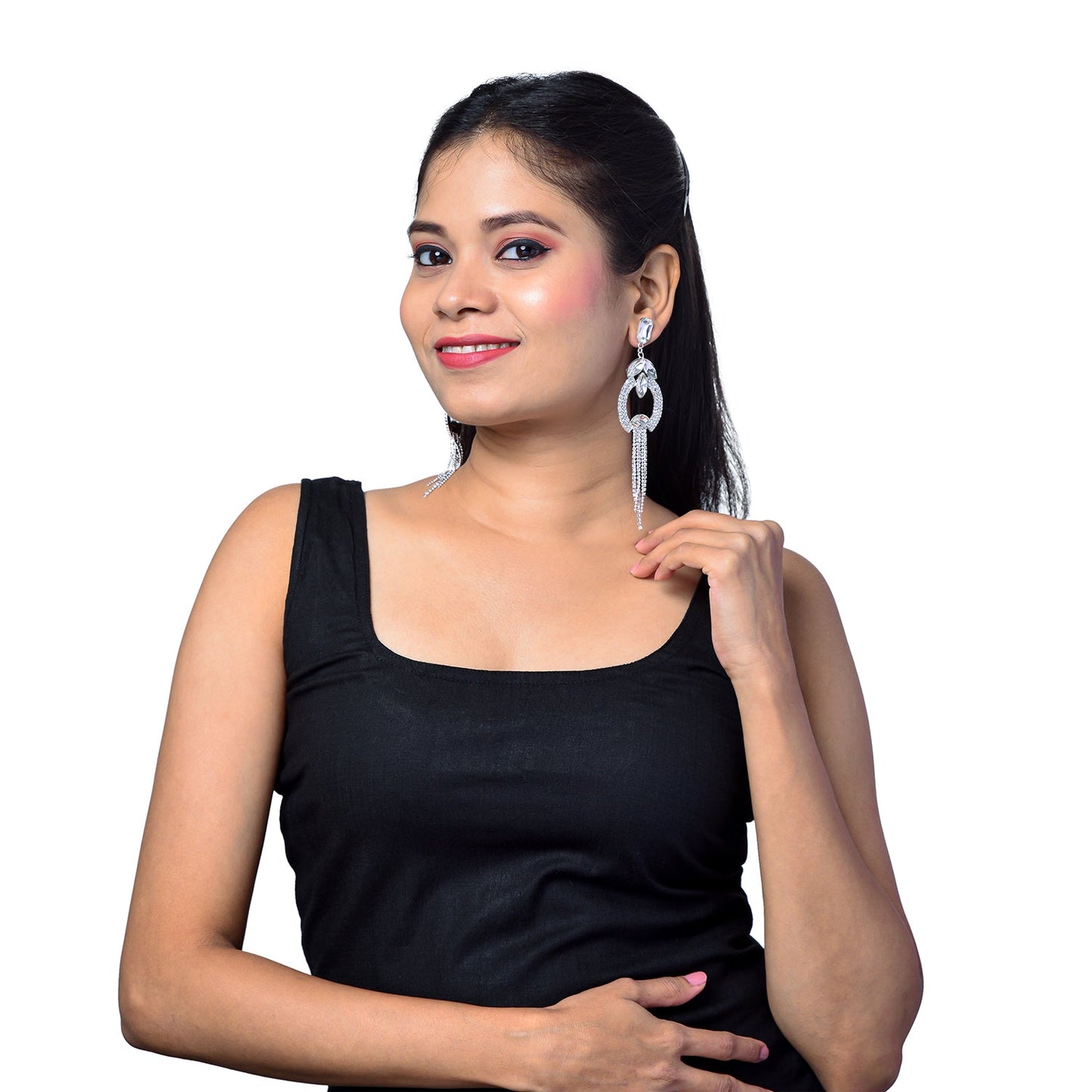 Shining Jewel Crystal and AD Silver Plated Fancy Western Style Chandelier Long Two Layers earrings for women (SJ_1955_S)