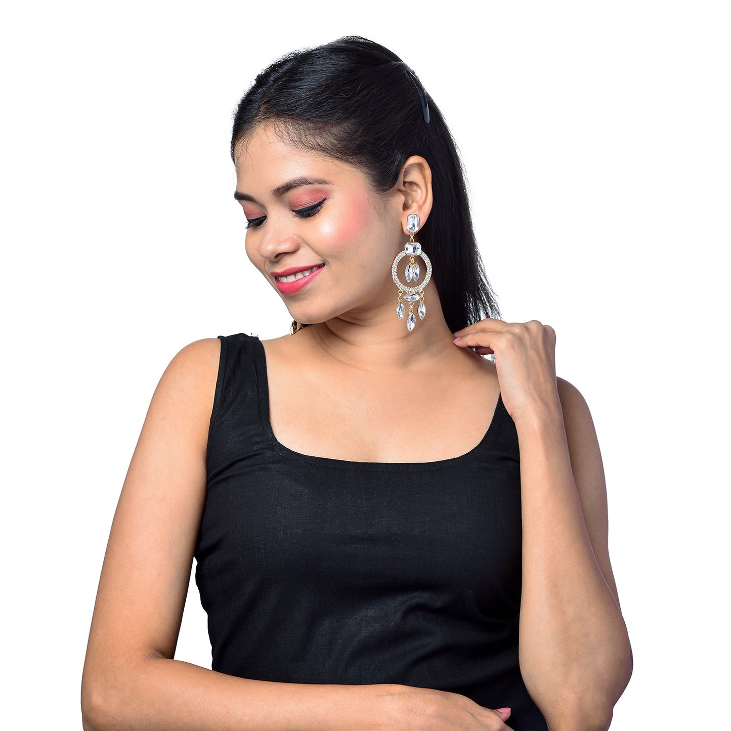 Shining Jewel Crystal and AD Gold Plated Fancy Western Style Chandelier Long earrings for women (SJ_1956_G)