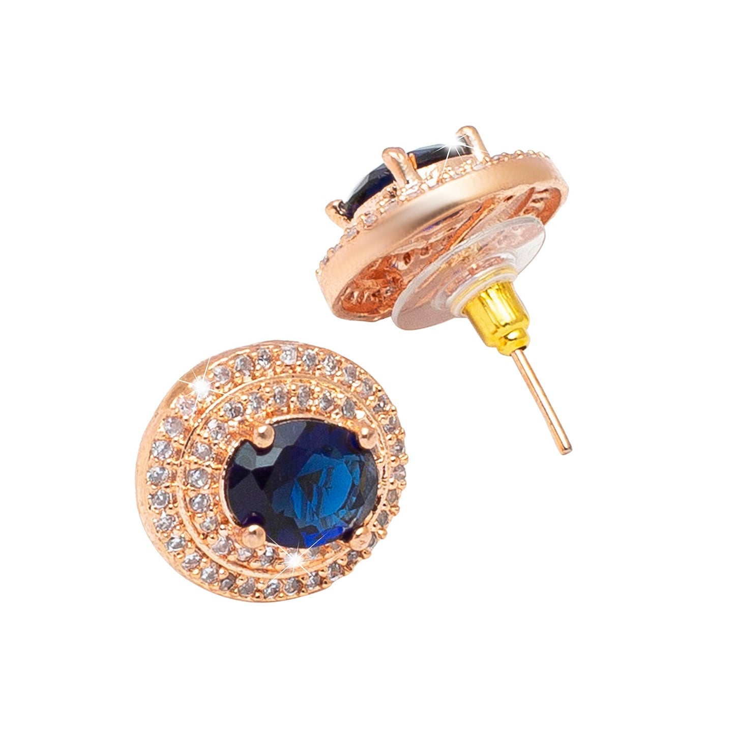 Shining Jewel Traditional CZ and American Diamond Studded Rose Gold Plated Royal Blue Stone Stud Earrings for Women (SJ_1960_RG_BL)