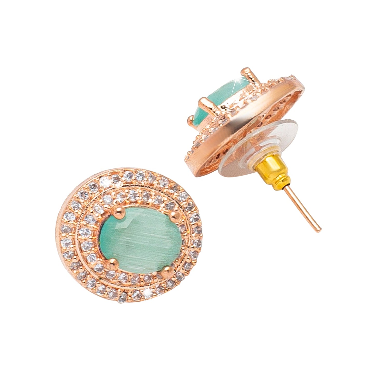 Shining Jewel Traditional CZ and American Diamond Studded Rose Gold Plated Mint Green Stone Stud Earrings for Women (SJ_1960_RG_LG)