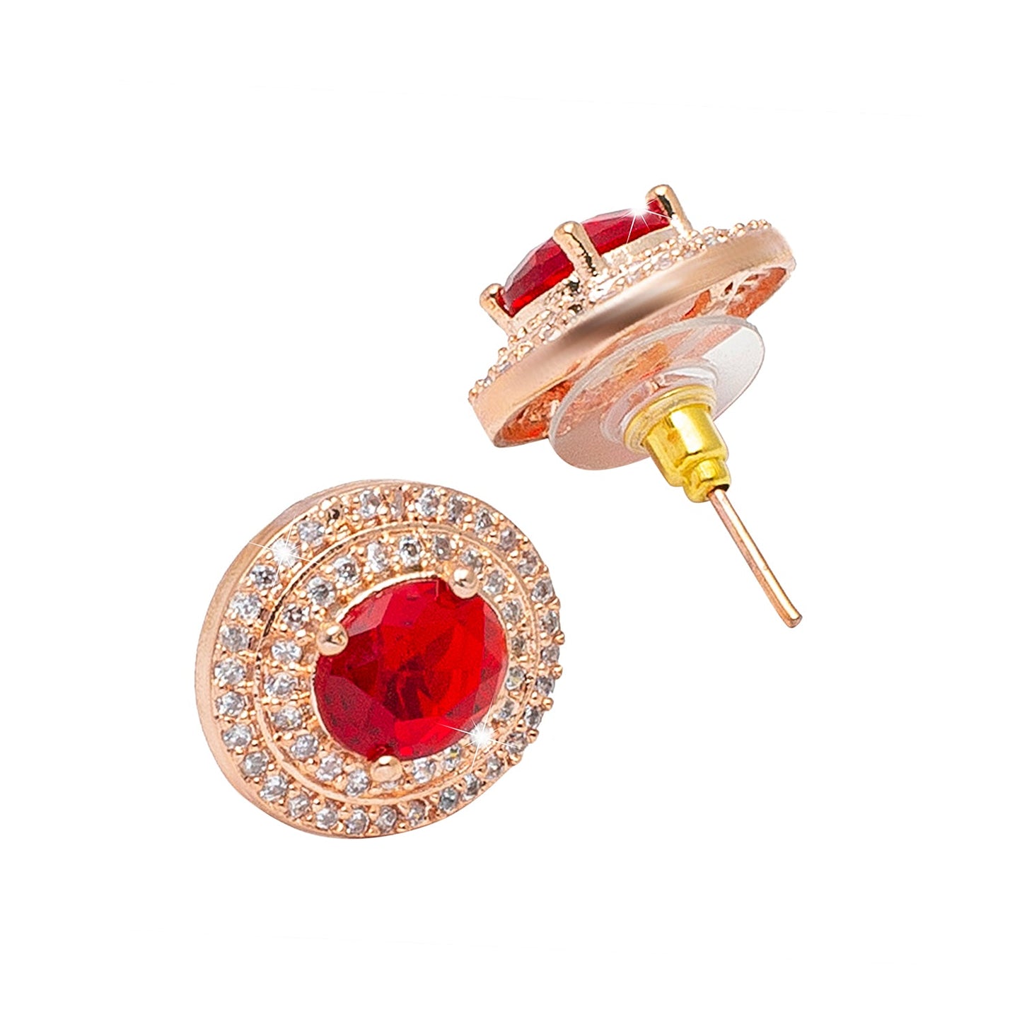 Shining Jewel Traditional CZ and American Diamond Studded Rose Gold Plated Red Stone Stud Earrings for Women (SJ_1960_RG_R)
