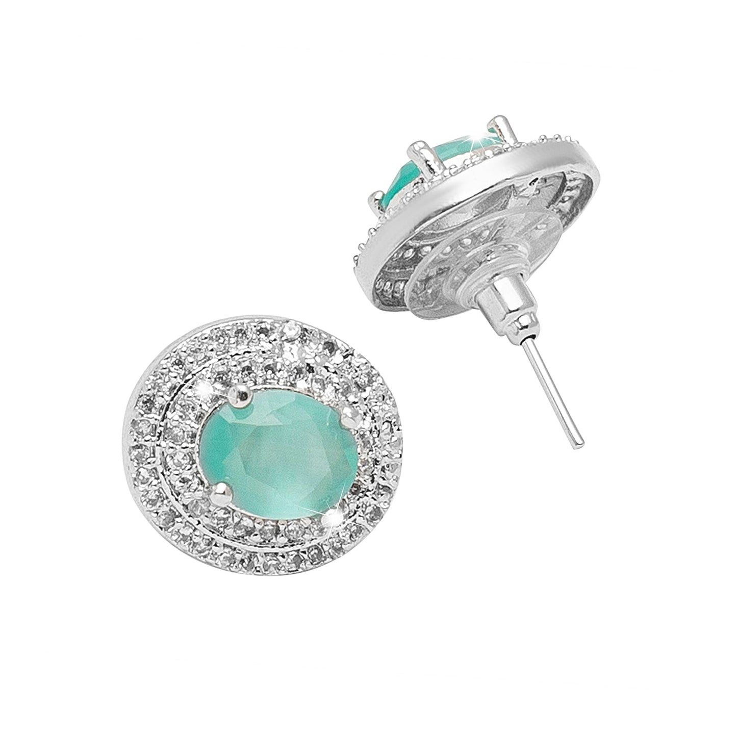 Shining Jewel Traditional CZ and American Diamond Studded Silver Plated Mint Green Stone Stud Earrings for Women (SJ_1960_S_LG)