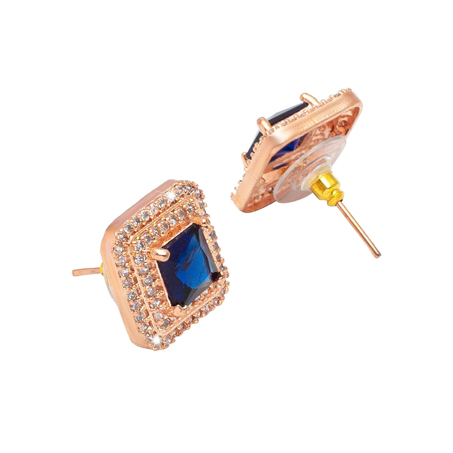 Shining Jewel Traditional CZ and American Diamond Studded Rose Gold Plated Royal Blue Stone Stud Earrings for Women (SJ_1961_RG_BL)
