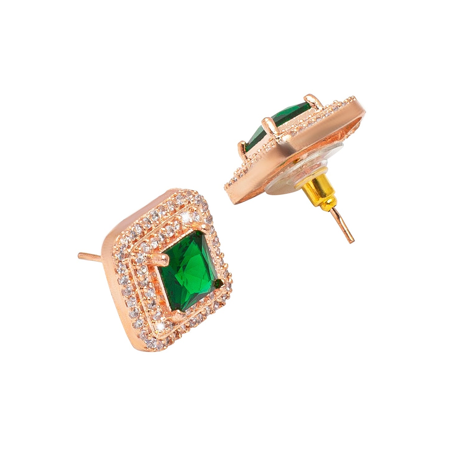 Shining Jewel Traditional CZ and American Diamond Studded Rose Gold Plated Green Stone Stud Earrings for Women (SJ_1961_RG_G)