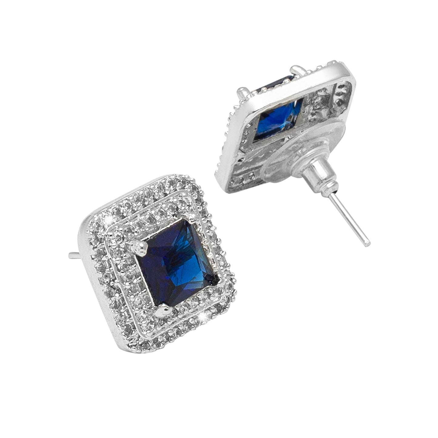 Shining Jewel Traditional CZ and American Diamond Studded Silver Plated Royal Blue Stone Stud Earrings for Women (SJ_1961_S_BL)