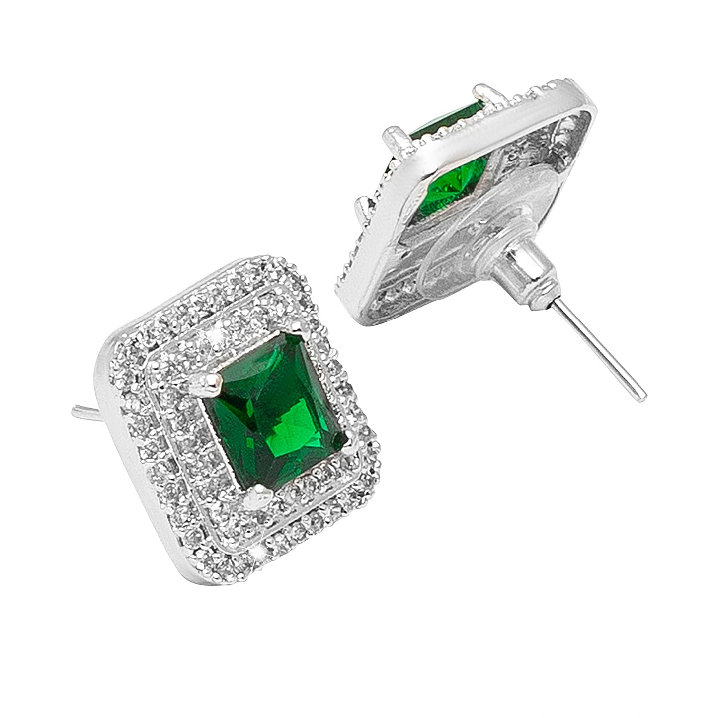 Shining Jewel Traditional CZ and American Diamond Studded Silver Plated Green Stone Stud Earrings for Women (SJ_1961_S_G)