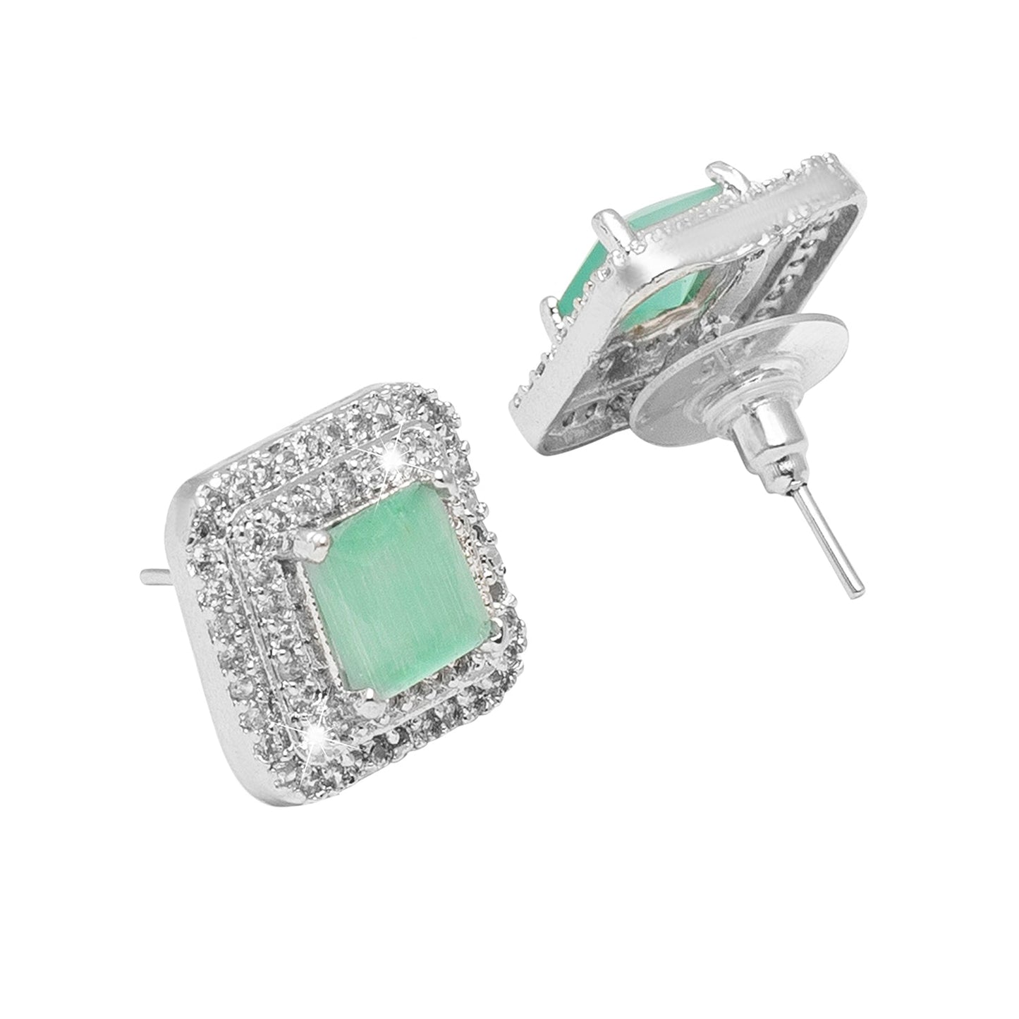 Shining Jewel Traditional CZ and American Diamond Studded Silver Plated Mint Green Stone Stud Earrings for Women (SJ_1961_S_LG)