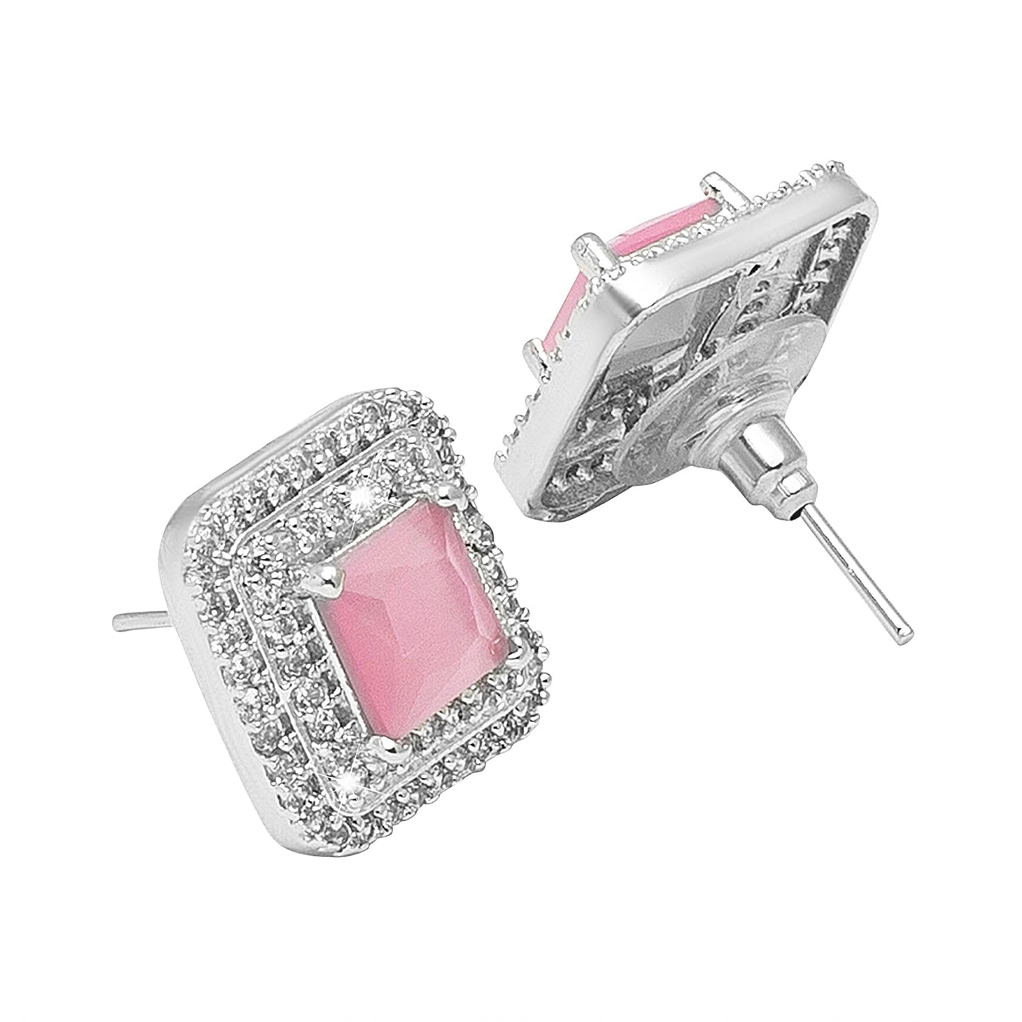 Shining Jewel Traditional CZ and American Diamond Studded Silver Plated Pink Stone Stud Earrings for Women (SJ_1961_S_P)
