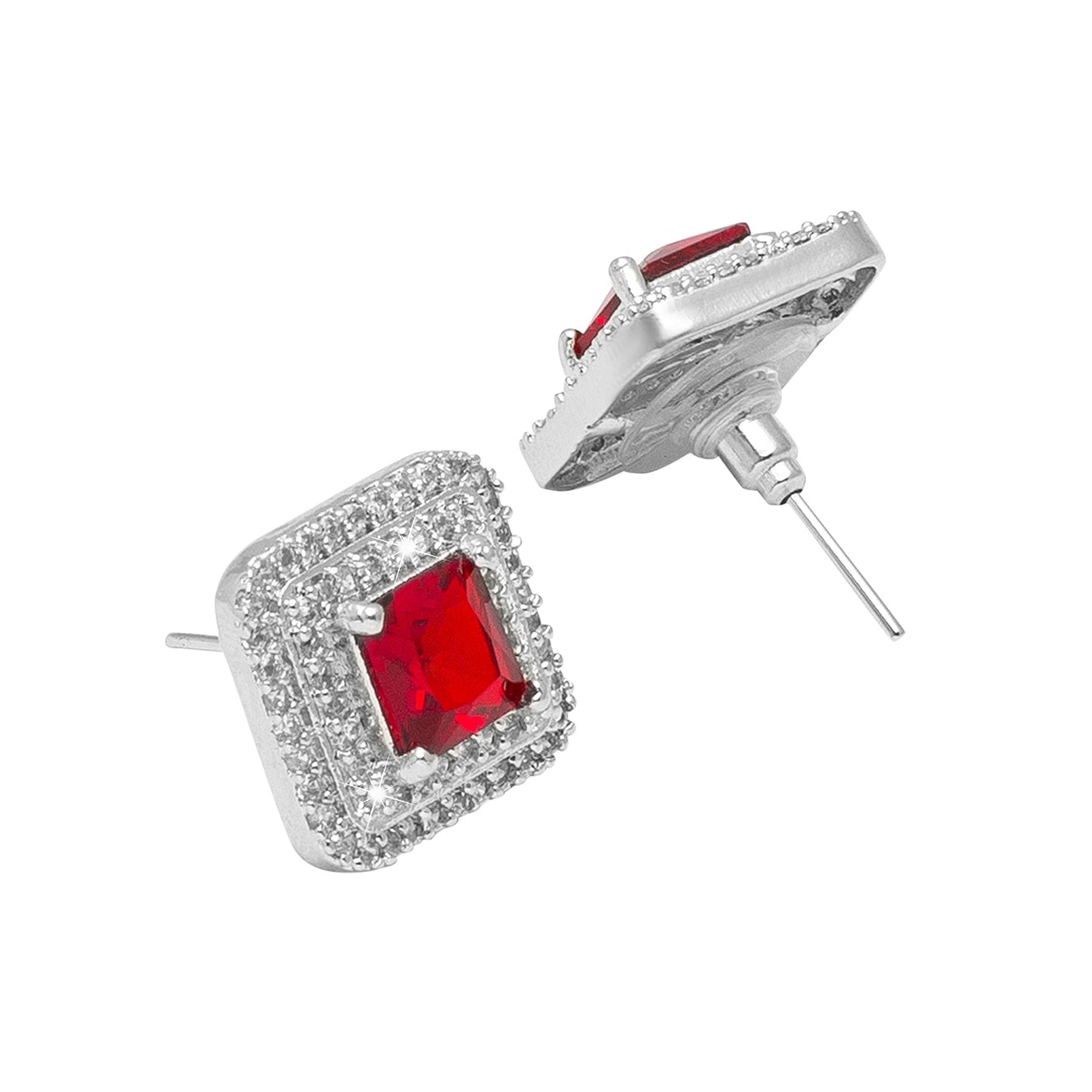 Shining Jewel Traditional CZ and American Diamond Studded Silver Plated Red Stone Stud Earrings for Women (SJ_1961_S_R)