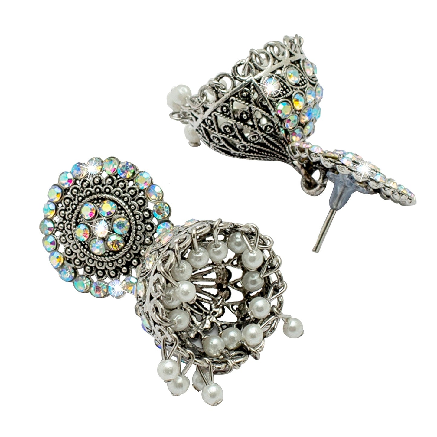 Shining Jewel Antique Silver Plated Oxidised Traditional Jhumka With CZ & Pearls Earrings for Women (SJ_1971)