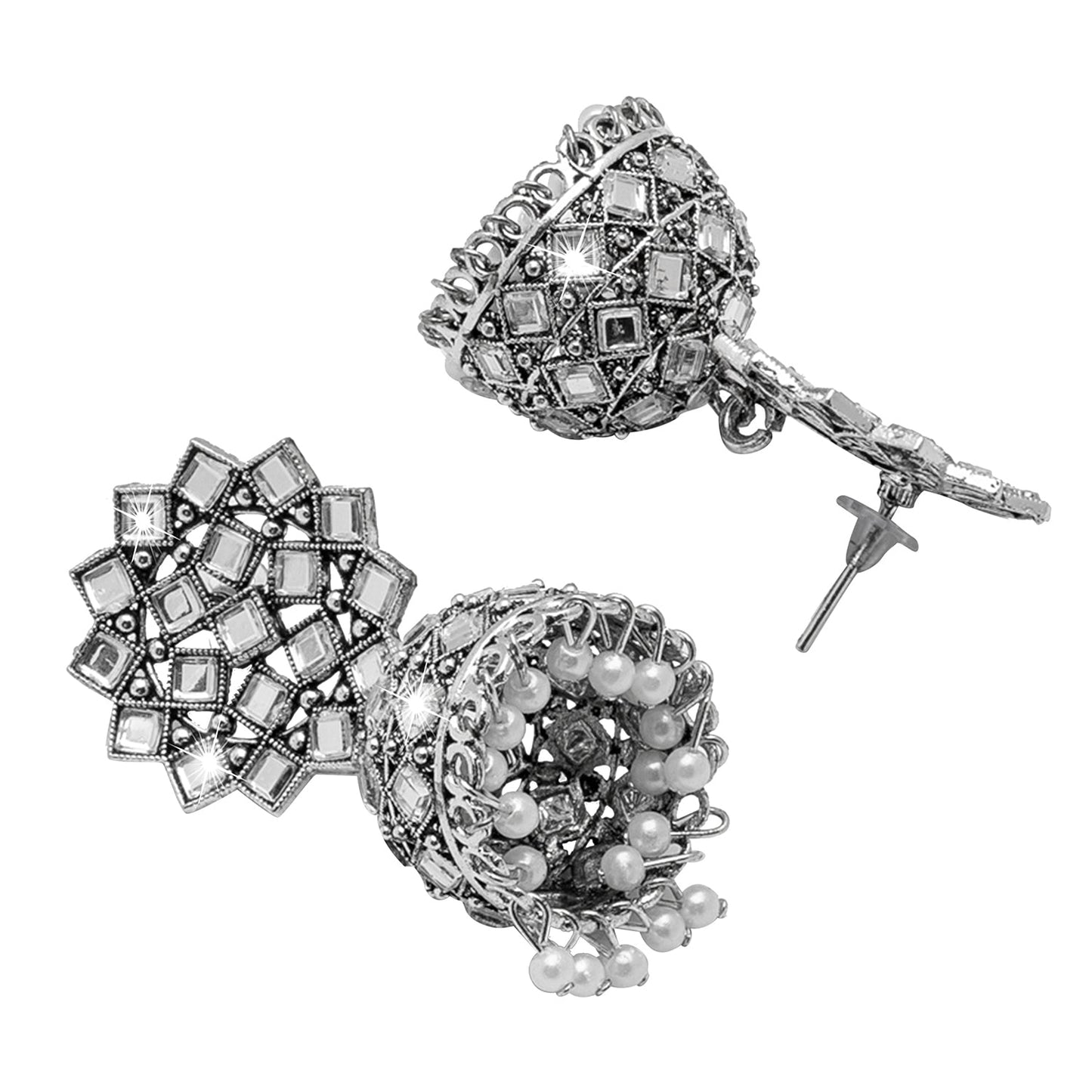 Shining Jewel Antique Silver Plated Oxidised Traditional Jhumka With CZ & Pearls Earrings for Women (SJ_1972)