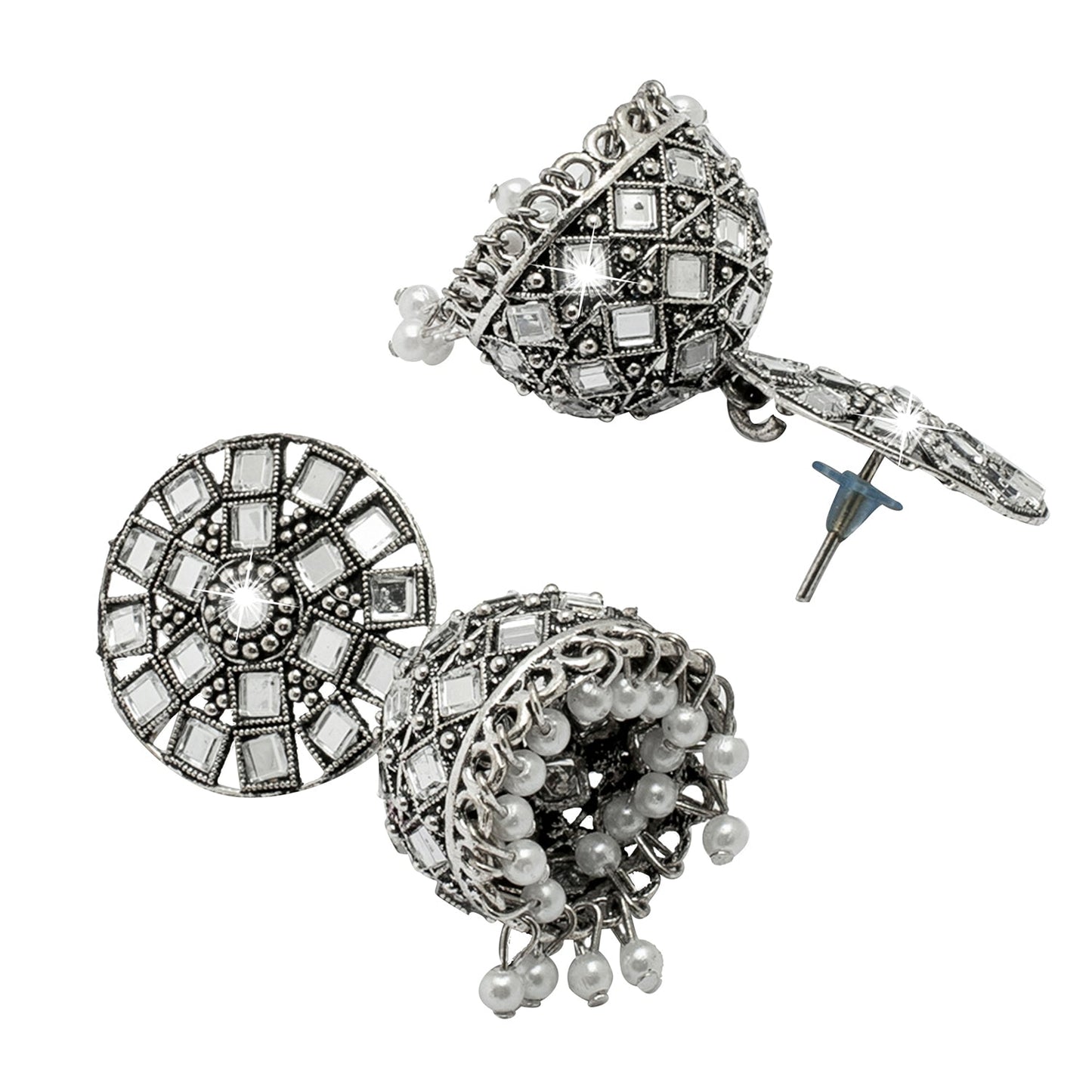 Shining Jewel Antique Silver Plated Oxidised Traditional Jhumka With CZ & Pearls Earrings for Women (SJ_1974)