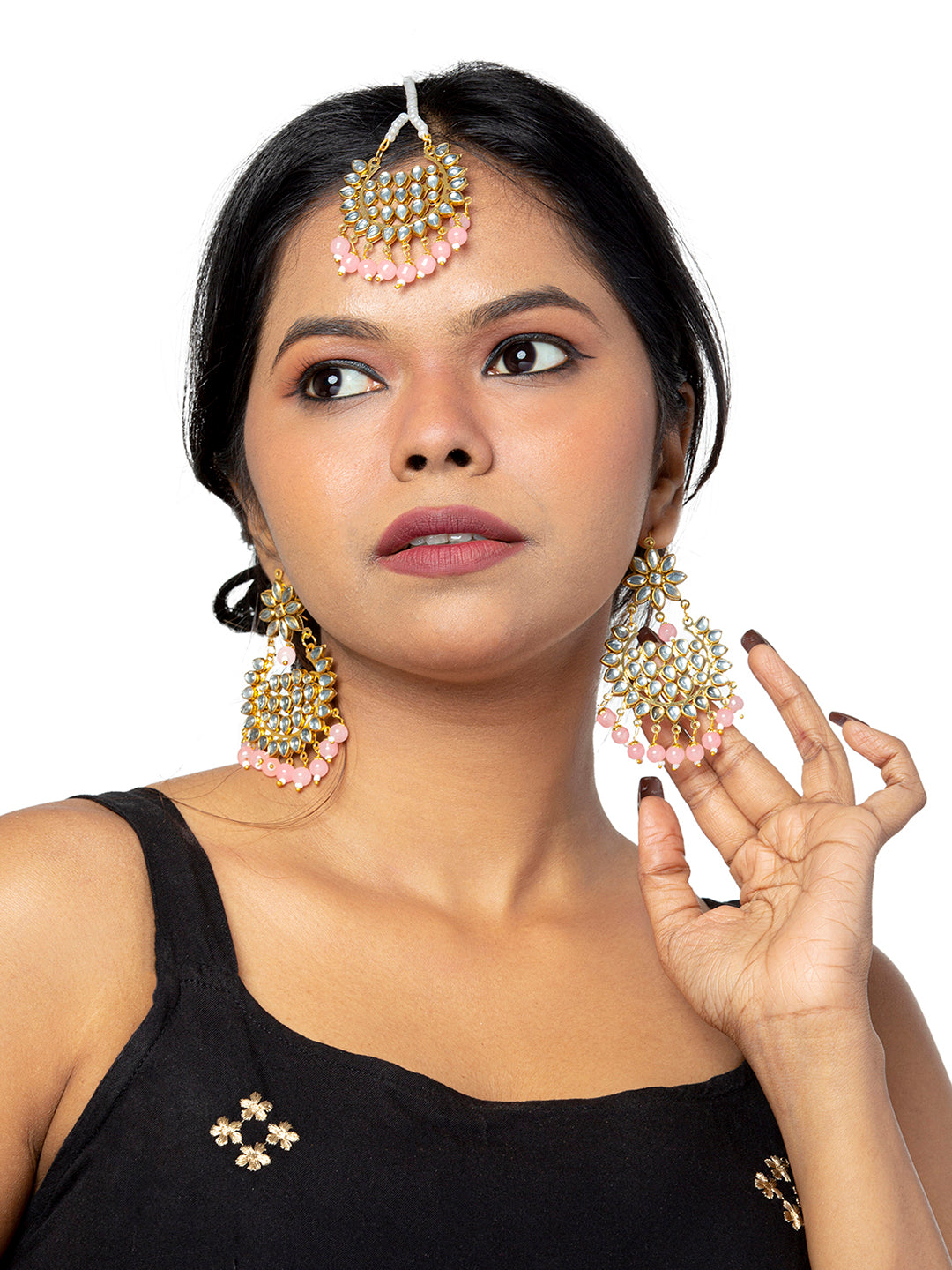 Shining Jewel Gold Plated Fashion Designer Traditional Kundan Chandbali Earring and Maang Tikka Combo Set for Women (SJ_1999_P)