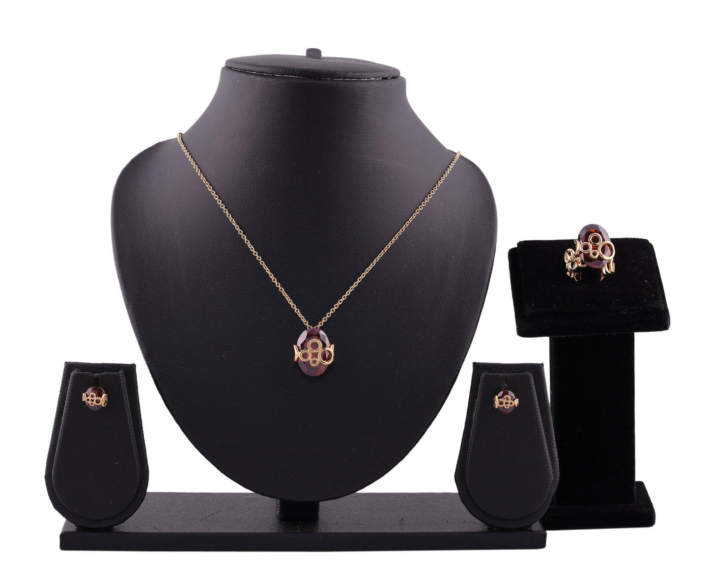 Maroon Oval Zirconia Gold Plating Necklace Set With Finger Ring (SJ_2038)
