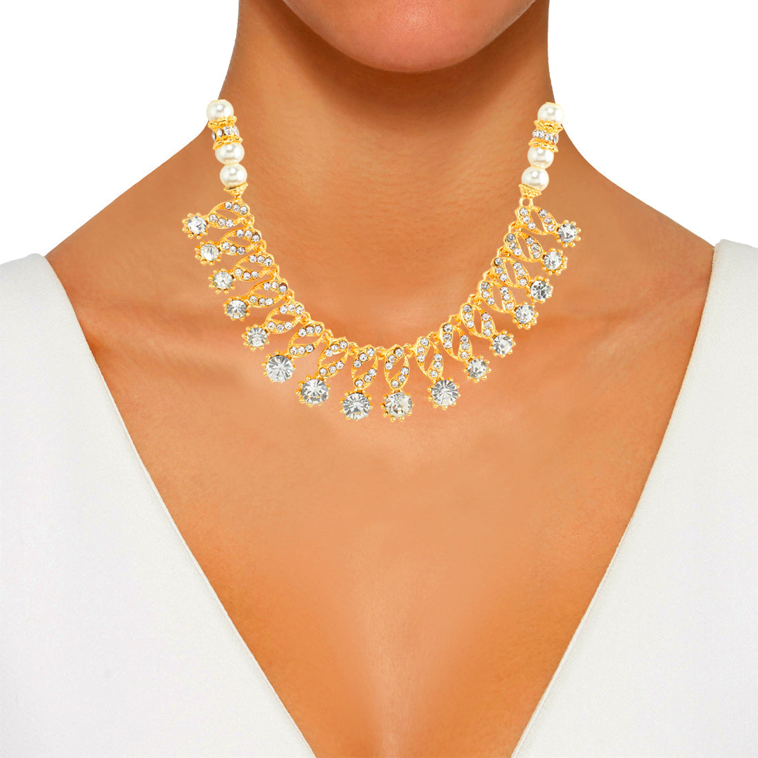 24K CZ Studded and Austrian Crystal Pearl Jewellery Necklace Set For Women (SJ_2693)