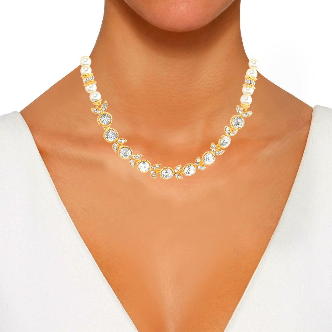 24K CZ Studded and Austrian Crystal Pearl Jewellery Necklace Set For Women (SJ_2696)