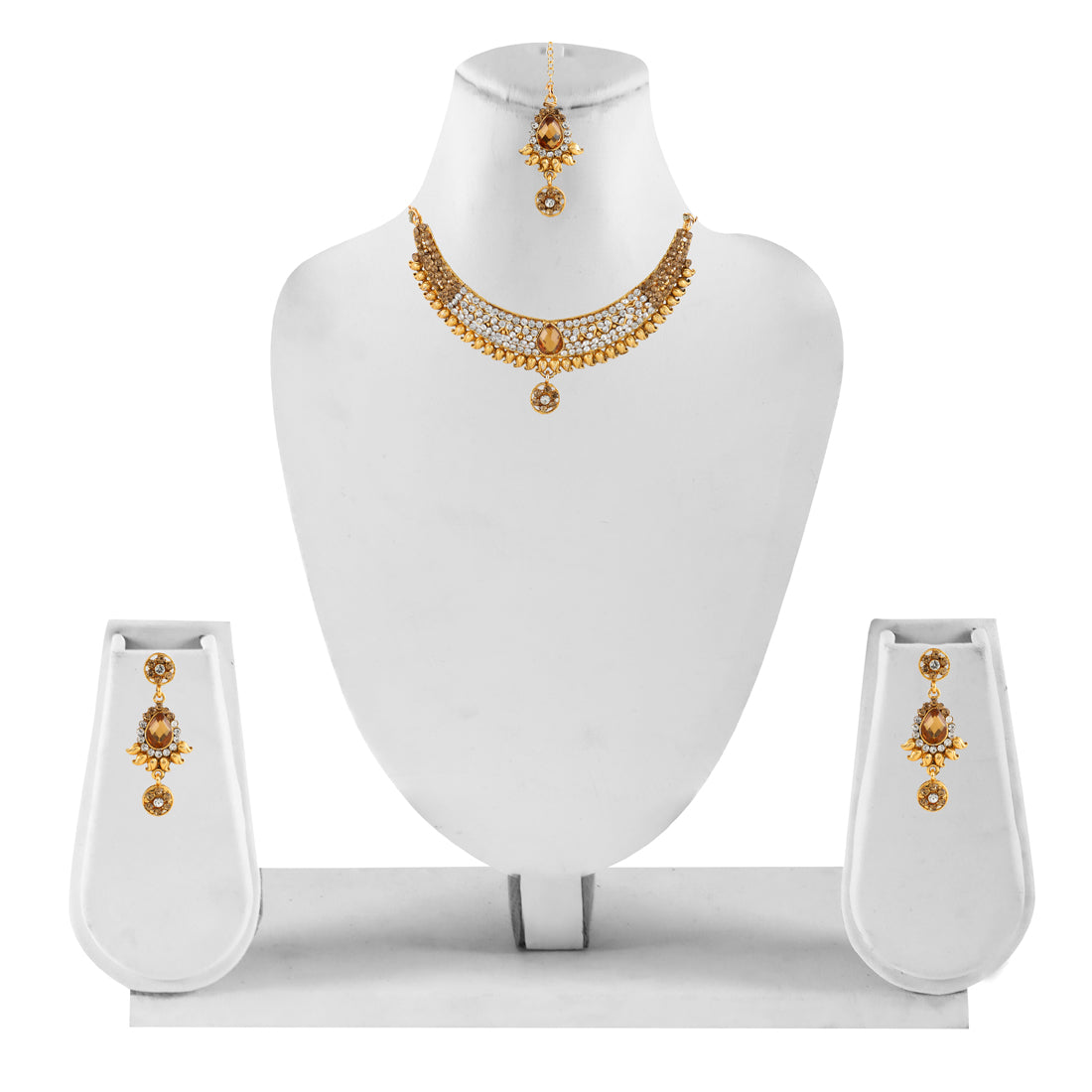 Gold Plated Complete Jewellery Bridal Necklace Set with Maang tikka and Earrings for Women (SJ_2750)