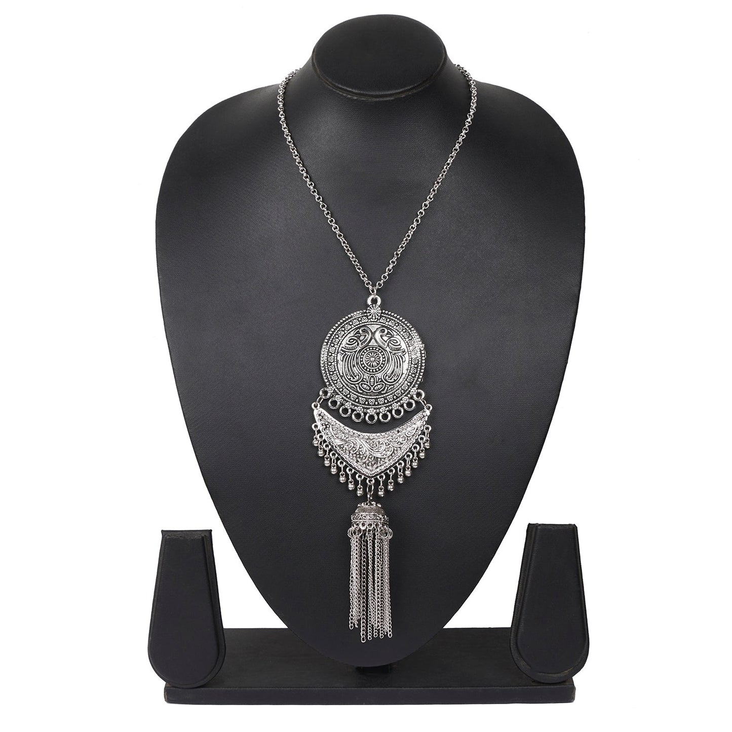 Shining Jewel Traditional Indian Long Fancy Designer Antique Silver Oxidized Afghani Pendant Necklace for Girls and Women (SJ_2784)