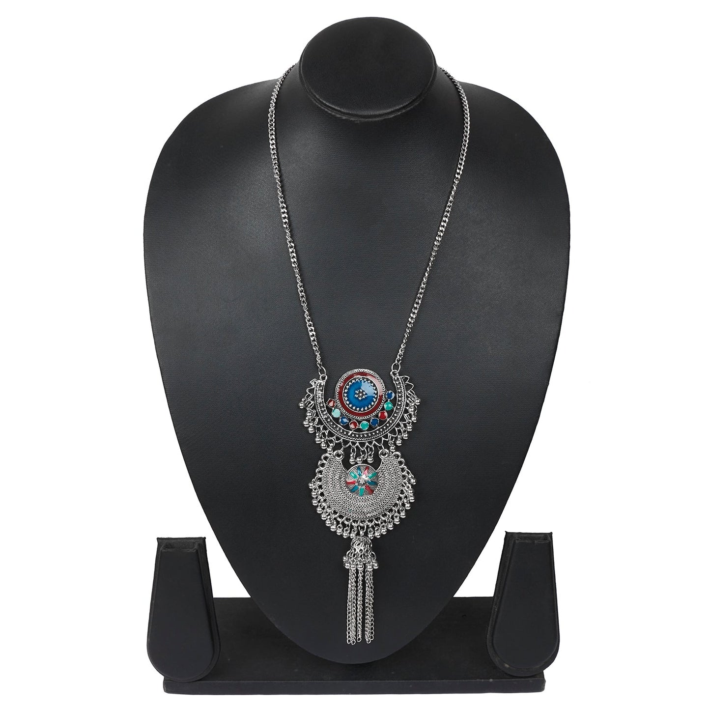 Shining Jewel Traditional Indian Long Fancy Designer Antique Silver Oxidized Afghani Pendant Necklace for Girls and Women (SJ_2785)