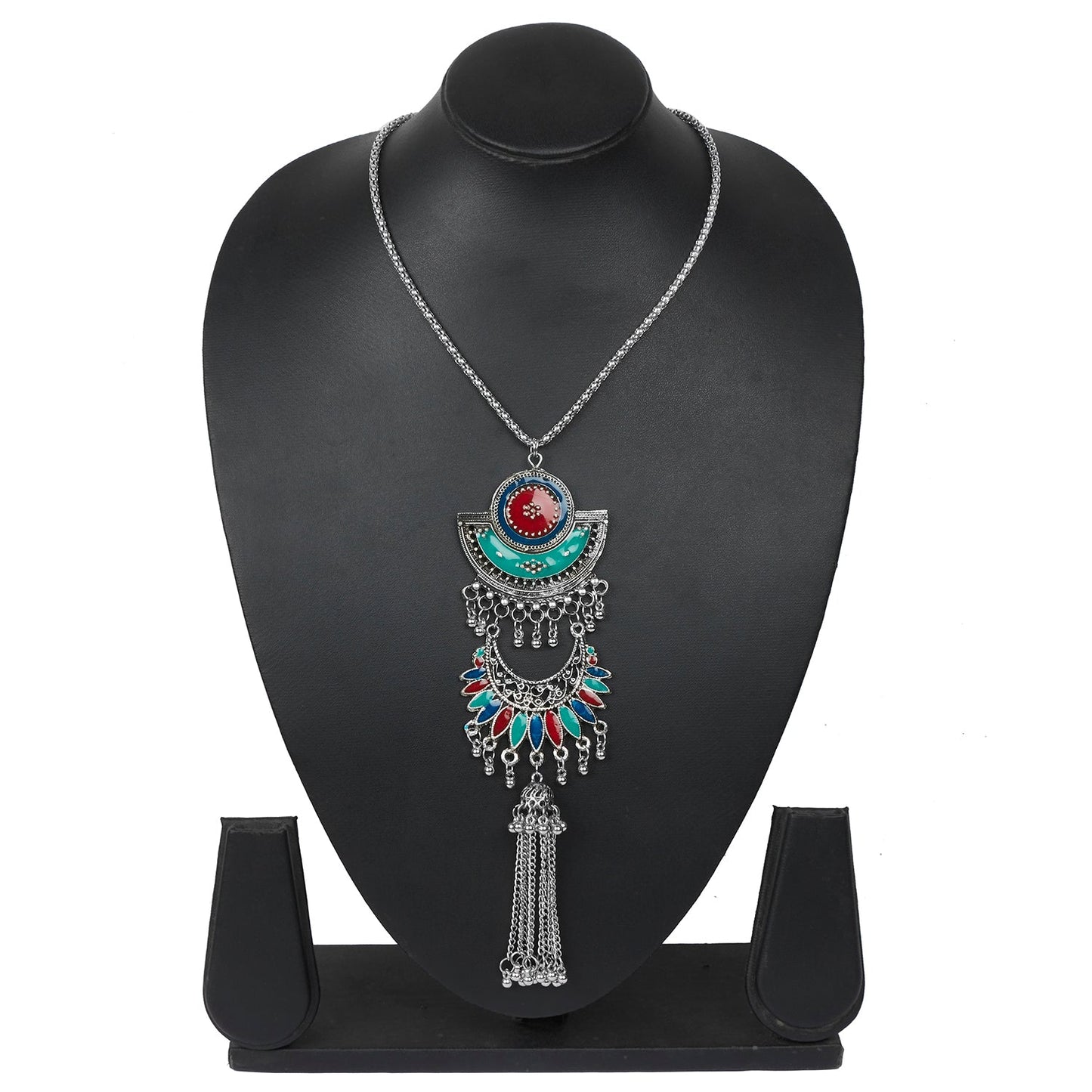 Shining Jewel Traditional Indian Long Fancy Designer Antique Silver Oxidized Afghani Pendant Necklace for Girls and Women (SJ_2786)