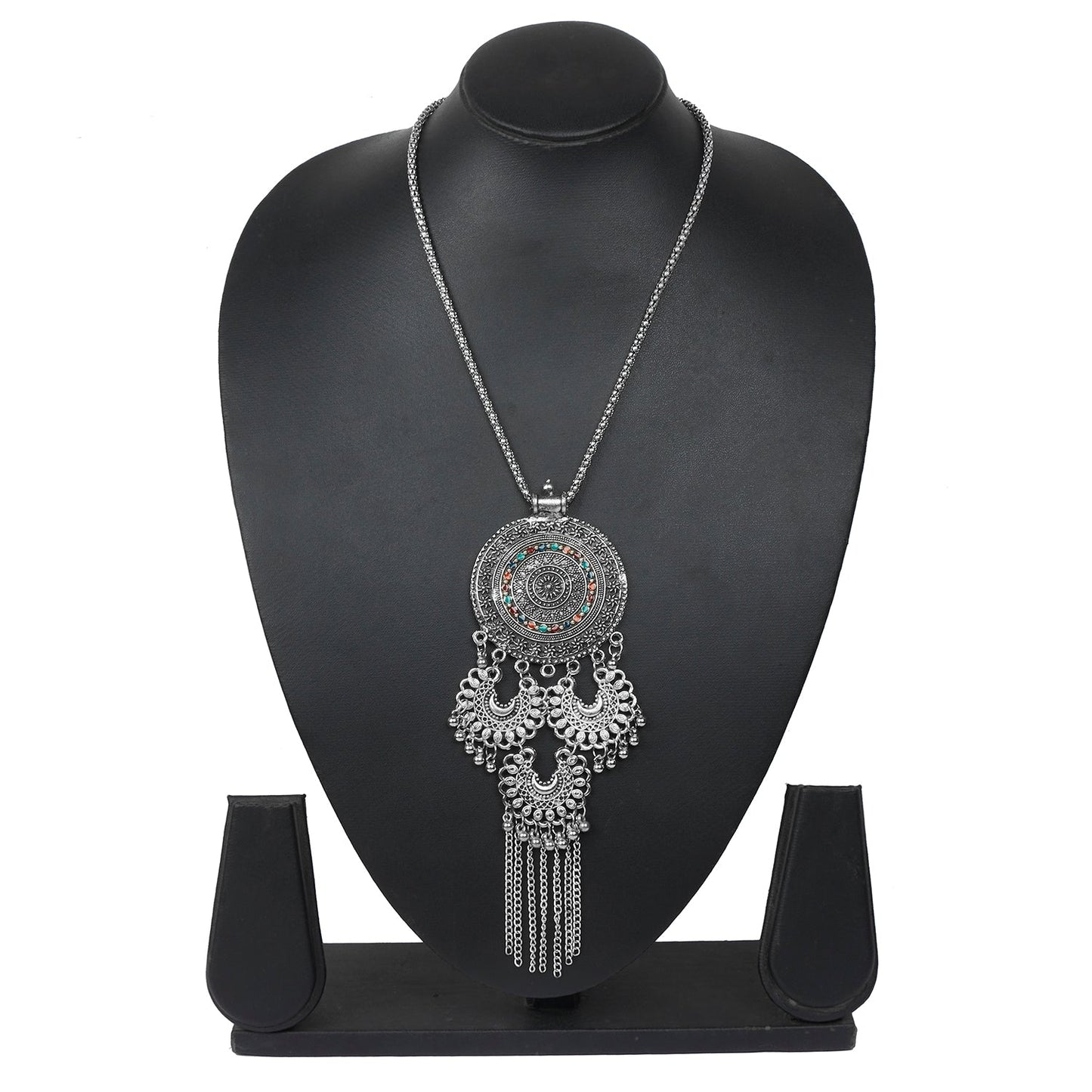 Shining Jewel Traditional Indian Long Fancy Designer Antique Silver Oxidized Afghani Pendant Necklace for Girls and Women (SJ_2789)