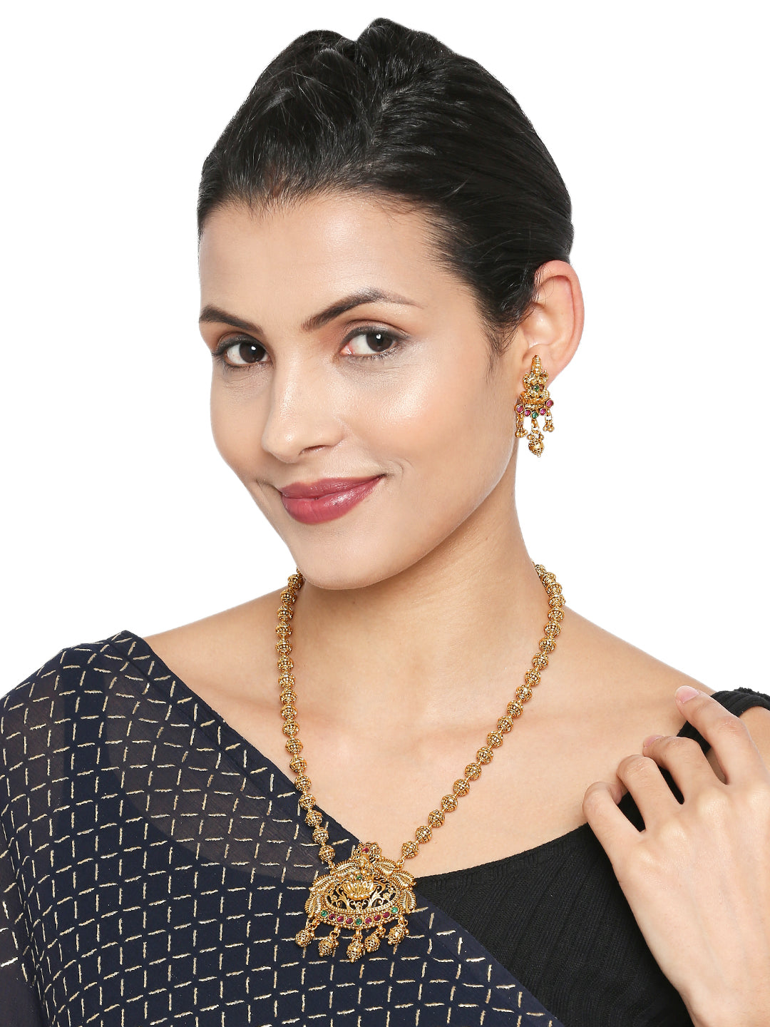 Handcrafted 18K Antique Gold Plated Godess Lakshmi Temple Jewellery Necklace With Matching Earring For Women (SJ_2796)