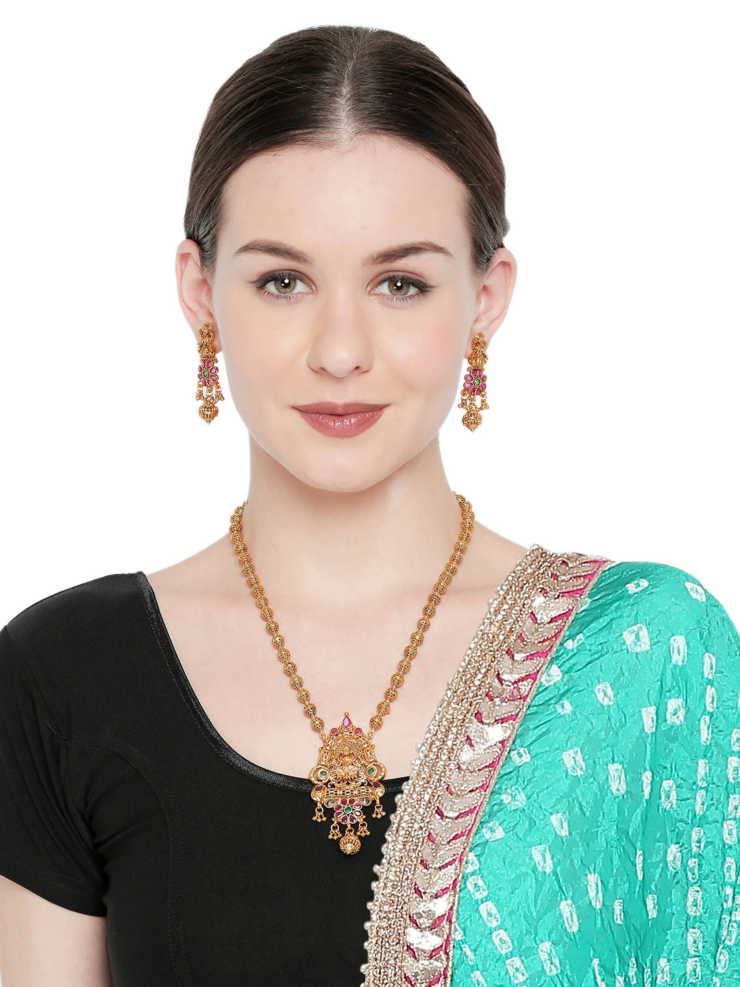 Handcrafted 18K Antique Gold Plated Godess Lakshmi Temple Jewellery Necklace With Matching Earring For Women (SJ_2797)