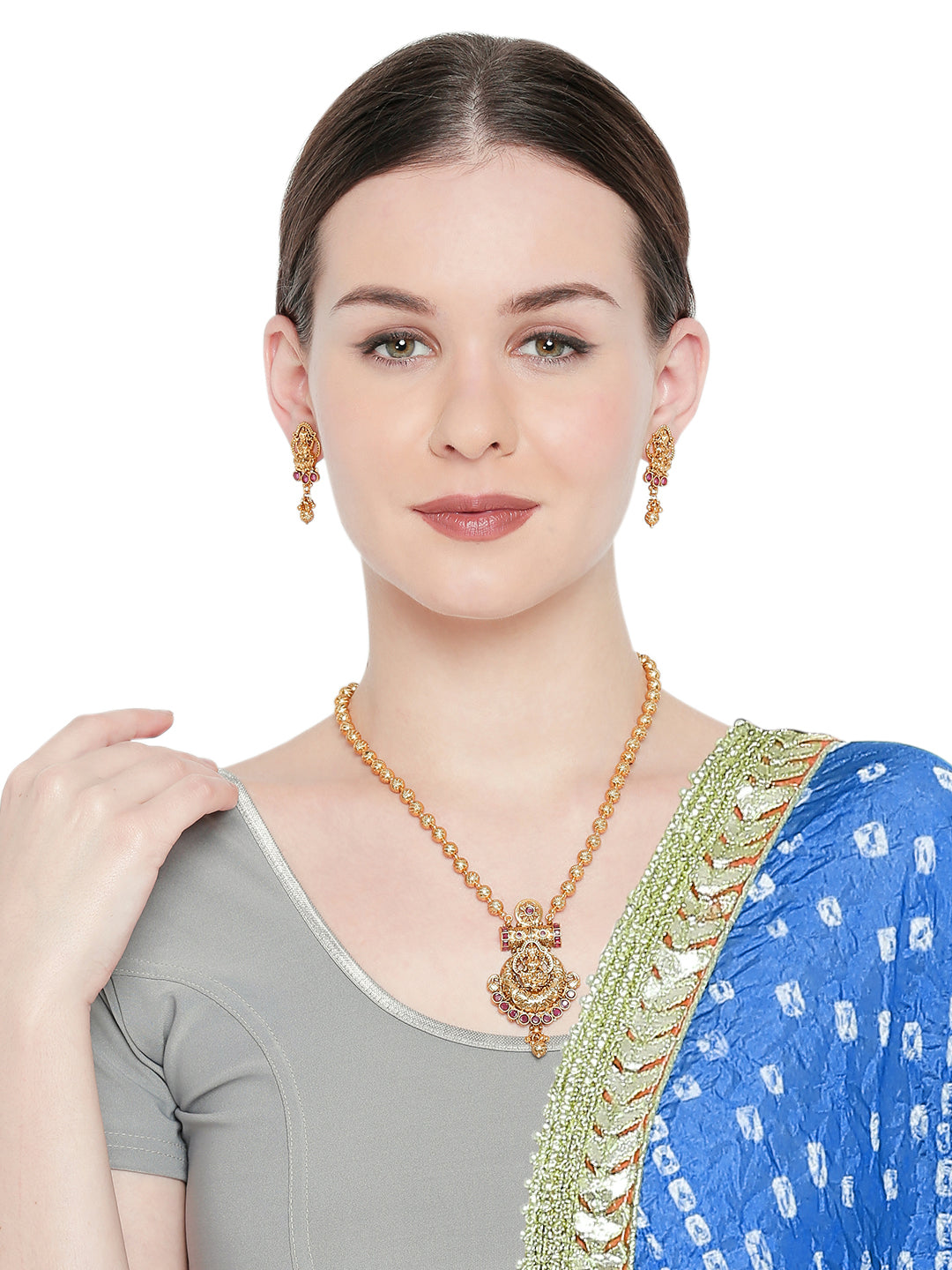 Handcrafted 18K Antique Gold Plated Godess Lakshmi Temple Jewellery Necklace With Matching Earring For Women (SJ_2798)