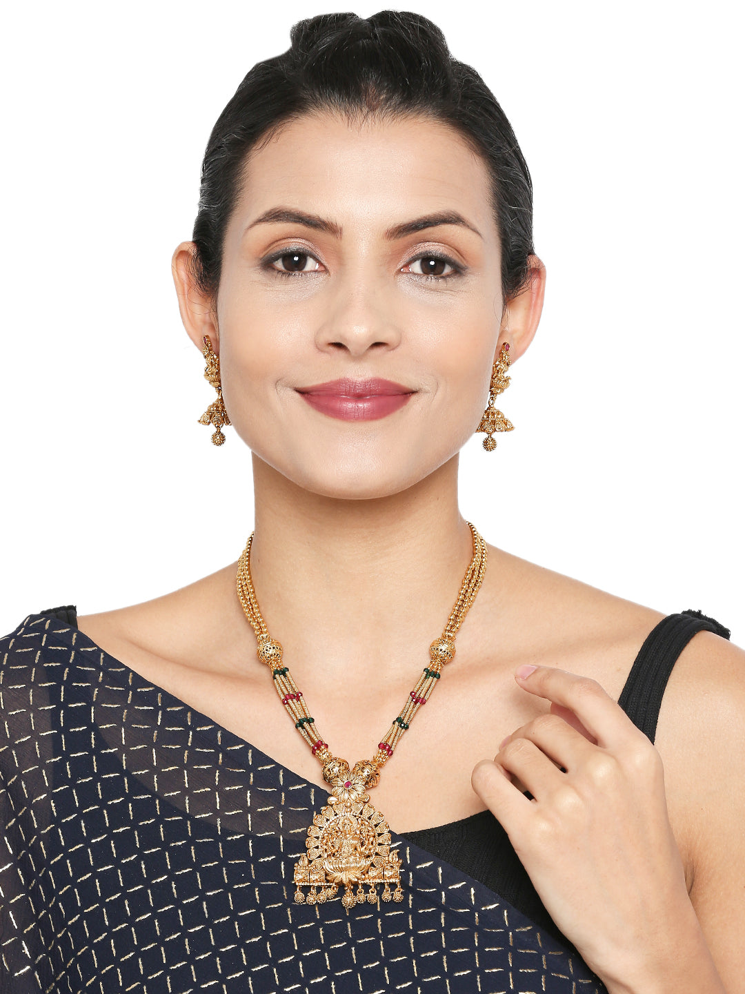 Handcrafted 18K Antique Gold Plated Godess Lakshmi Temple Jewellery Necklace With Matching Earring For Women (SJ_2800)