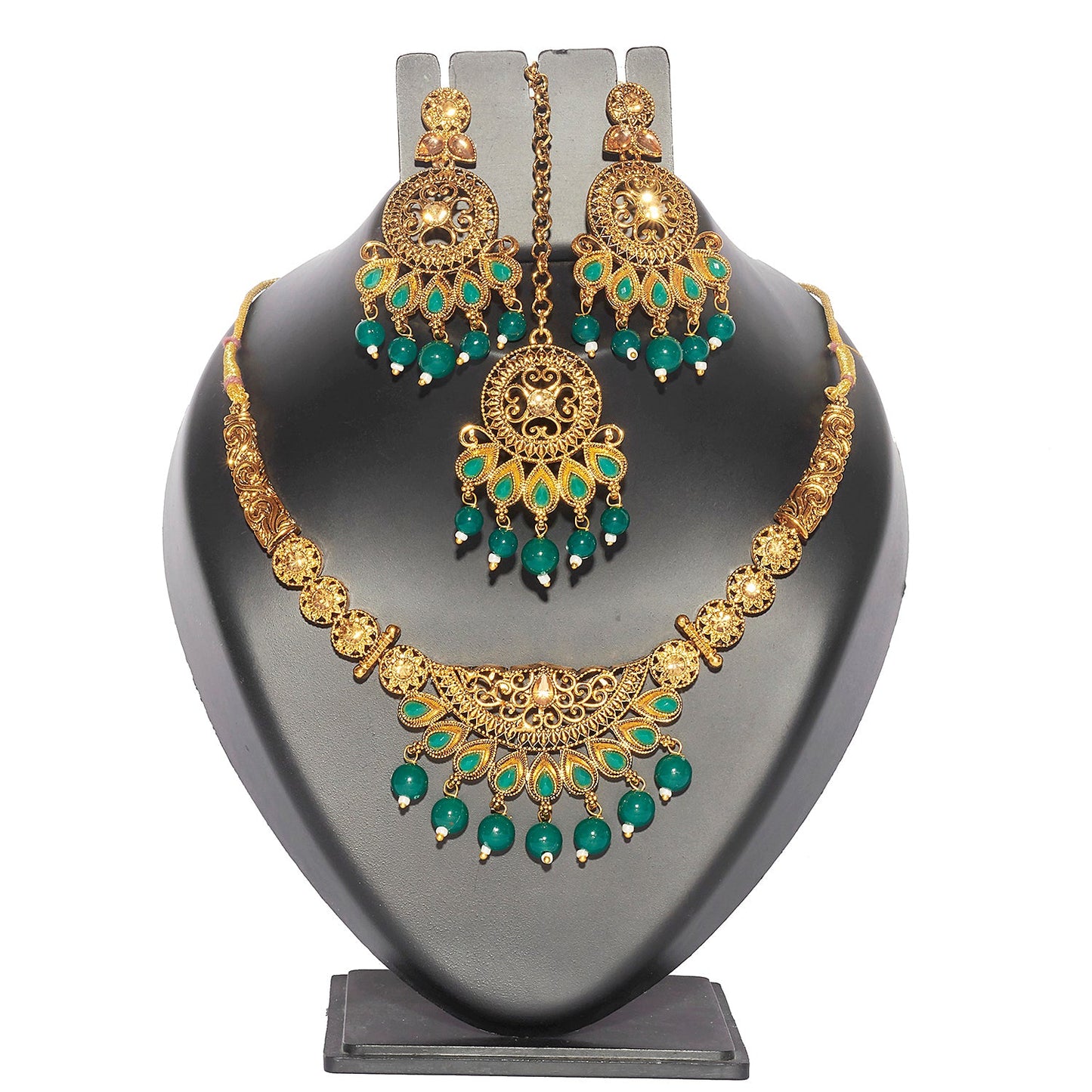 18K Antique Gold Plated One Gram Bridal Jewellery Combo Necklace Set with Tikka and Earrings for Women (SJ_2863)